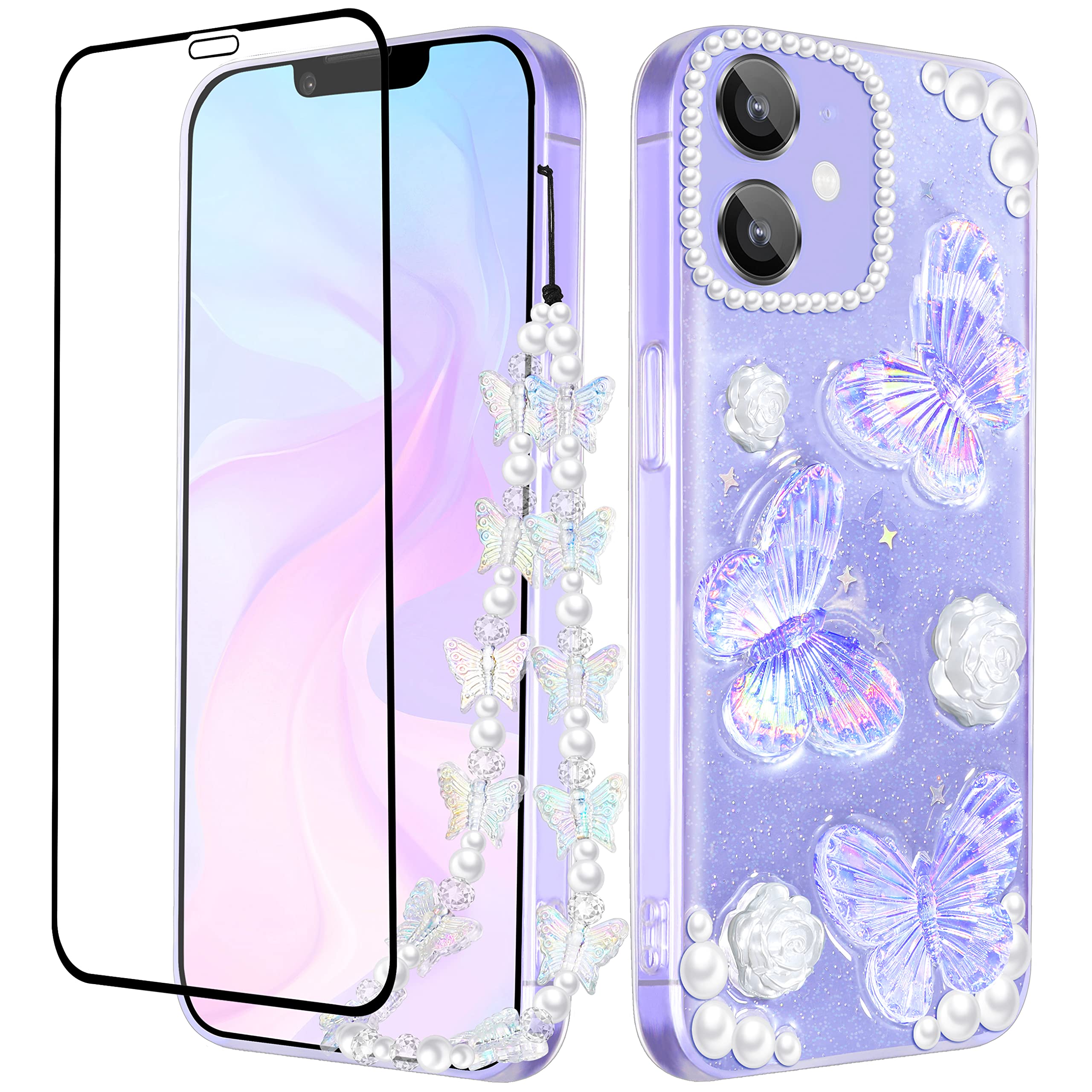 Goocrux 4-in-1 iPhone 12 Case for Women - Glitter Butterfly Sequin Sparkle Clear Phone Cover with Pearl Accents, Detachable Chain, Camera Protector & Screen Protector | Cute Girly Design for Everyday Use & Special Occasions
