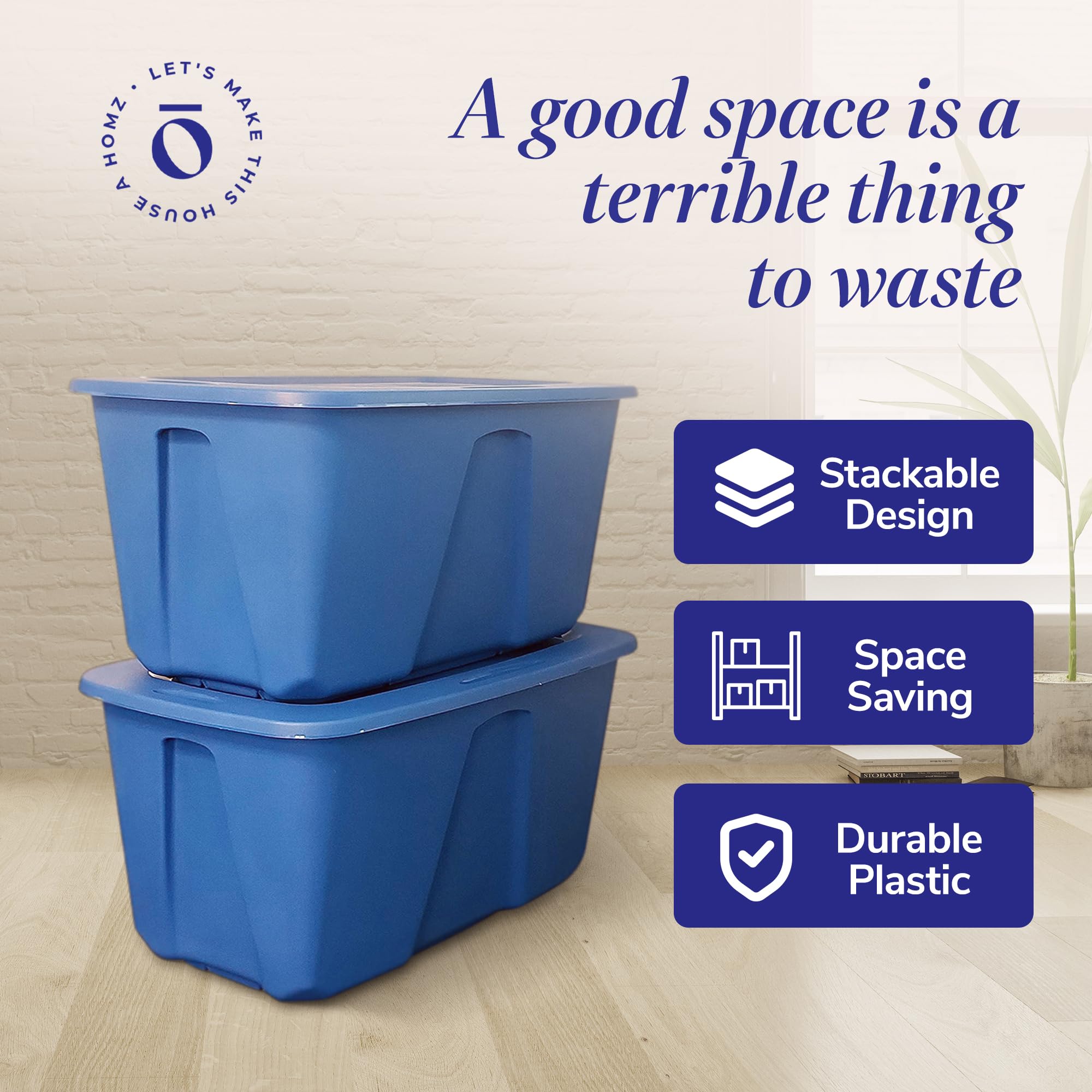HOMZ 2-Pack Heavy Duty Plastic Storage Bins - 32 Gallon Organizing Containers for Home, Garage & Closet - Durable Stackable Blue Bins for Clothes, Toys & Seasonal Items Storage