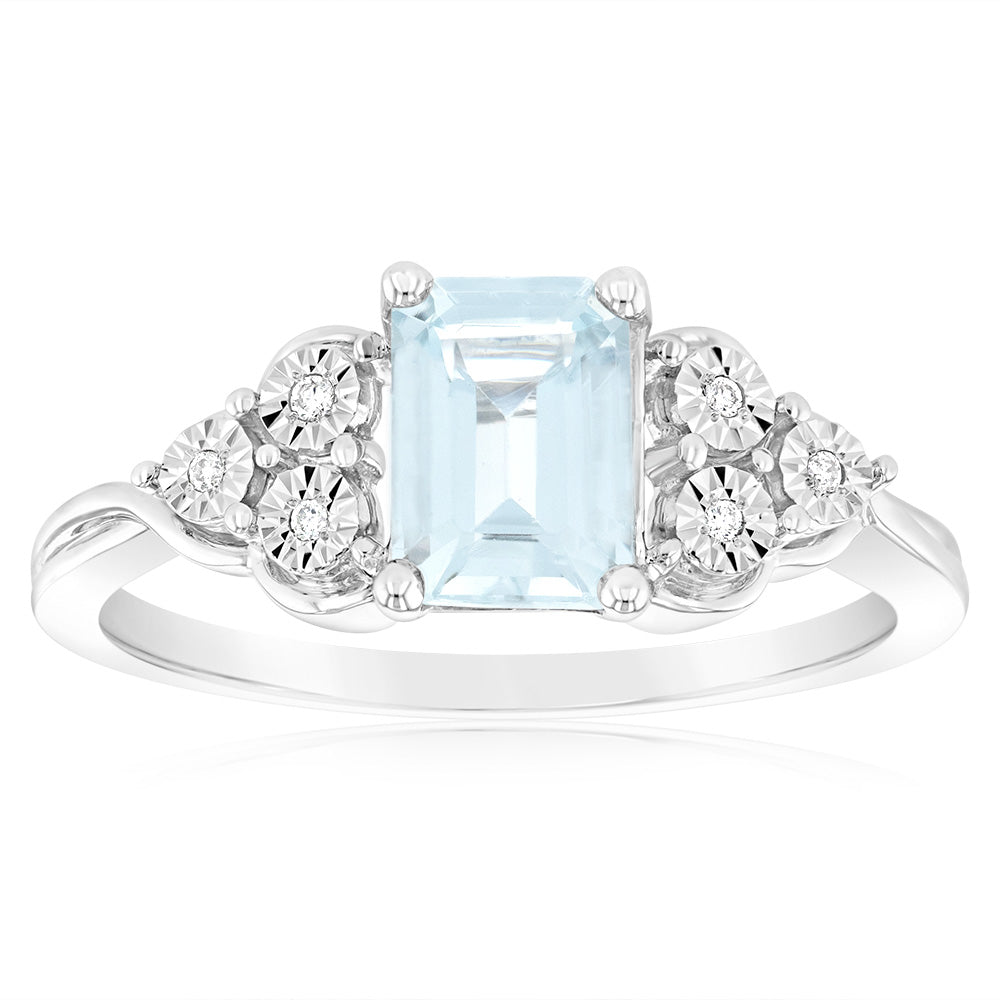 9ct White Gold Natural Aquamarine and Diamond Ring for Women - Elegant March Birthstone Jewelry Gift for Engagement, Anniversary & Special Occasions