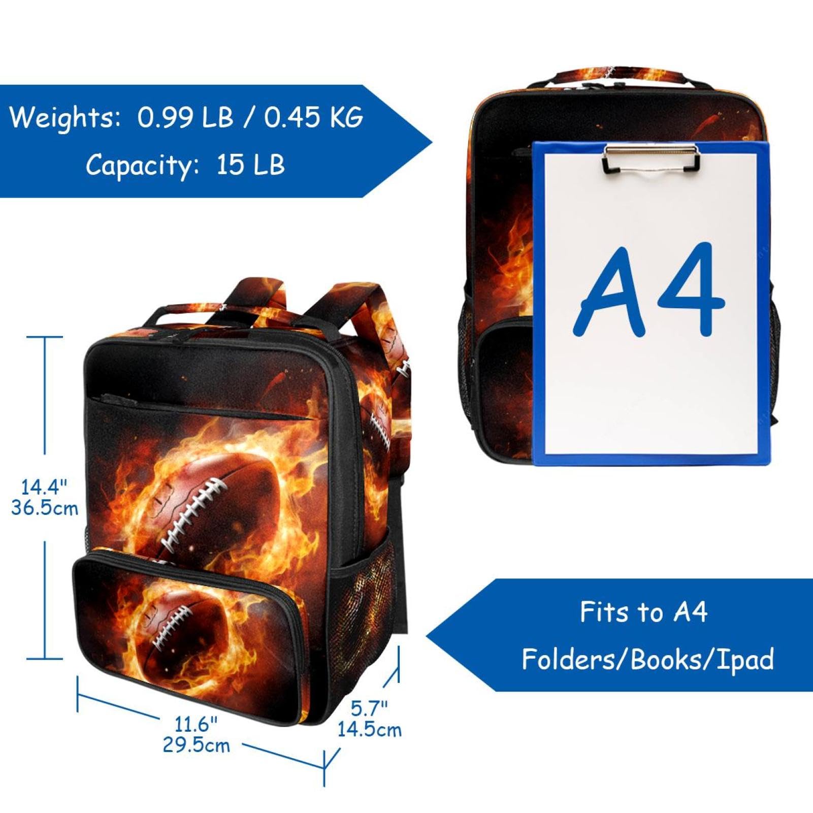Stylish Travel Backpacks for Women & Men - Durable American Football Design with Flame Pattern - Perfect for College, Hiking, Work & Gym Use