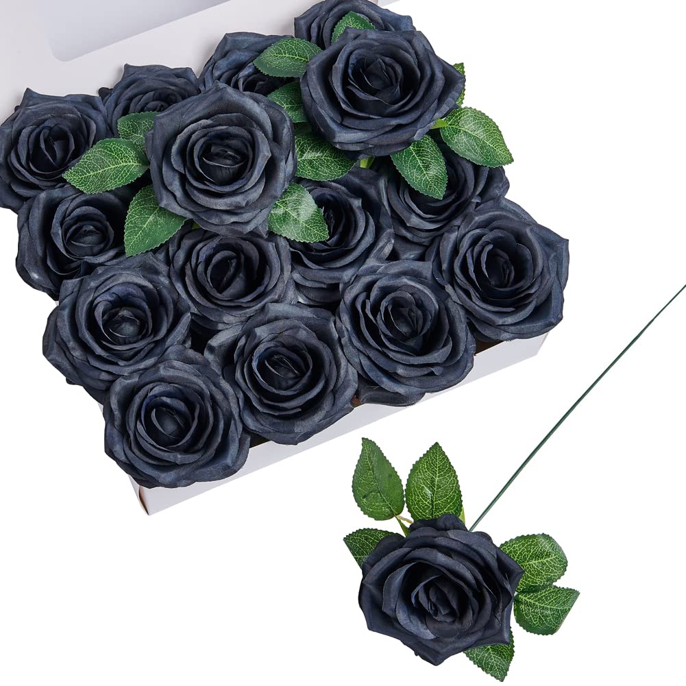 16 Pcs Artificial Silk Roses - Real Looking Fake Flowers with Stems for DIY Wedding Bouquets, Party Table Centerpieces, Floral Arrangements - Perfect for Home Decor, Wedding, Anniversary & Festival Decoration (Black)