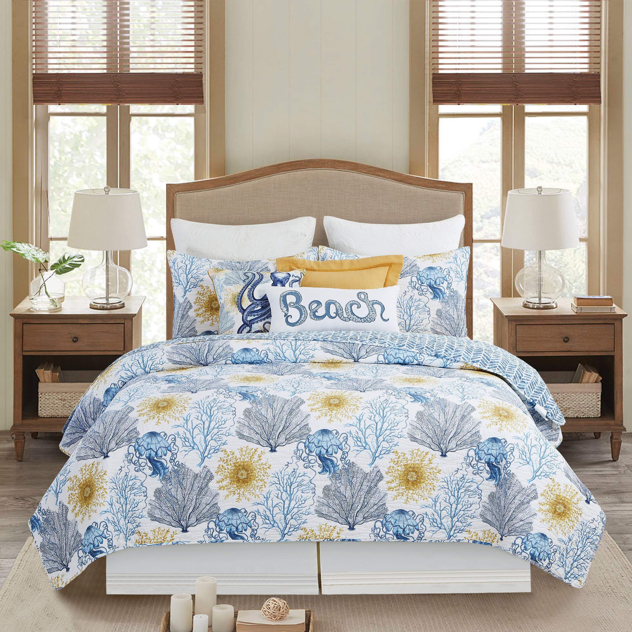 C&F Home Monterey Mist 3-Piece Quilt Set - Full/Queen Size with White, Blue & Gold Coral Pattern, Includes Quilt & Shams | Coastal Bedroom Decor, Guest Room Luxury Bedding