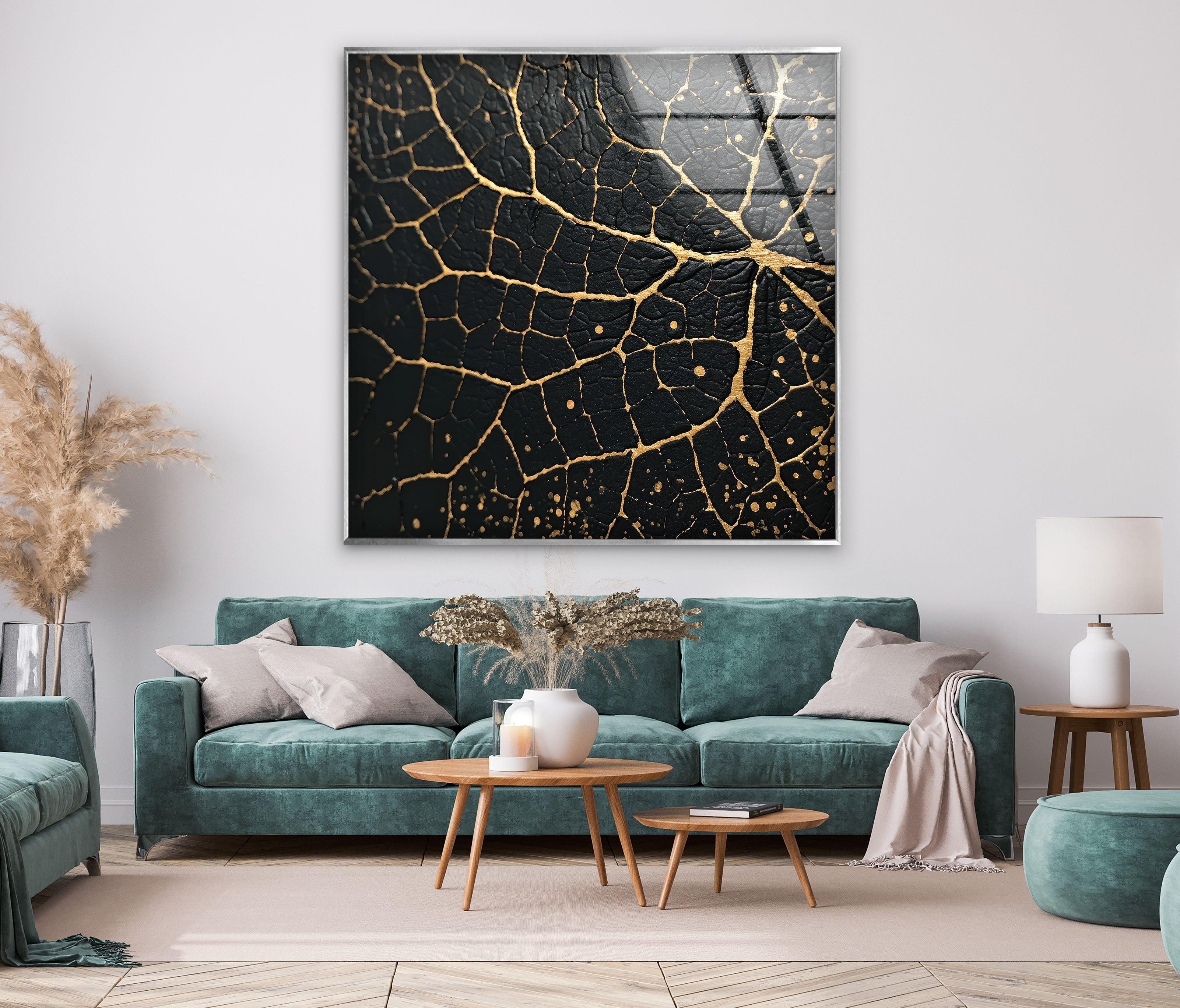 Black and Gold Abstract Glass Wall Art - Modern Home Decor for Living Room, Bedroom & Office - Elegant Handmade Glass Painting for Stylish Interiors