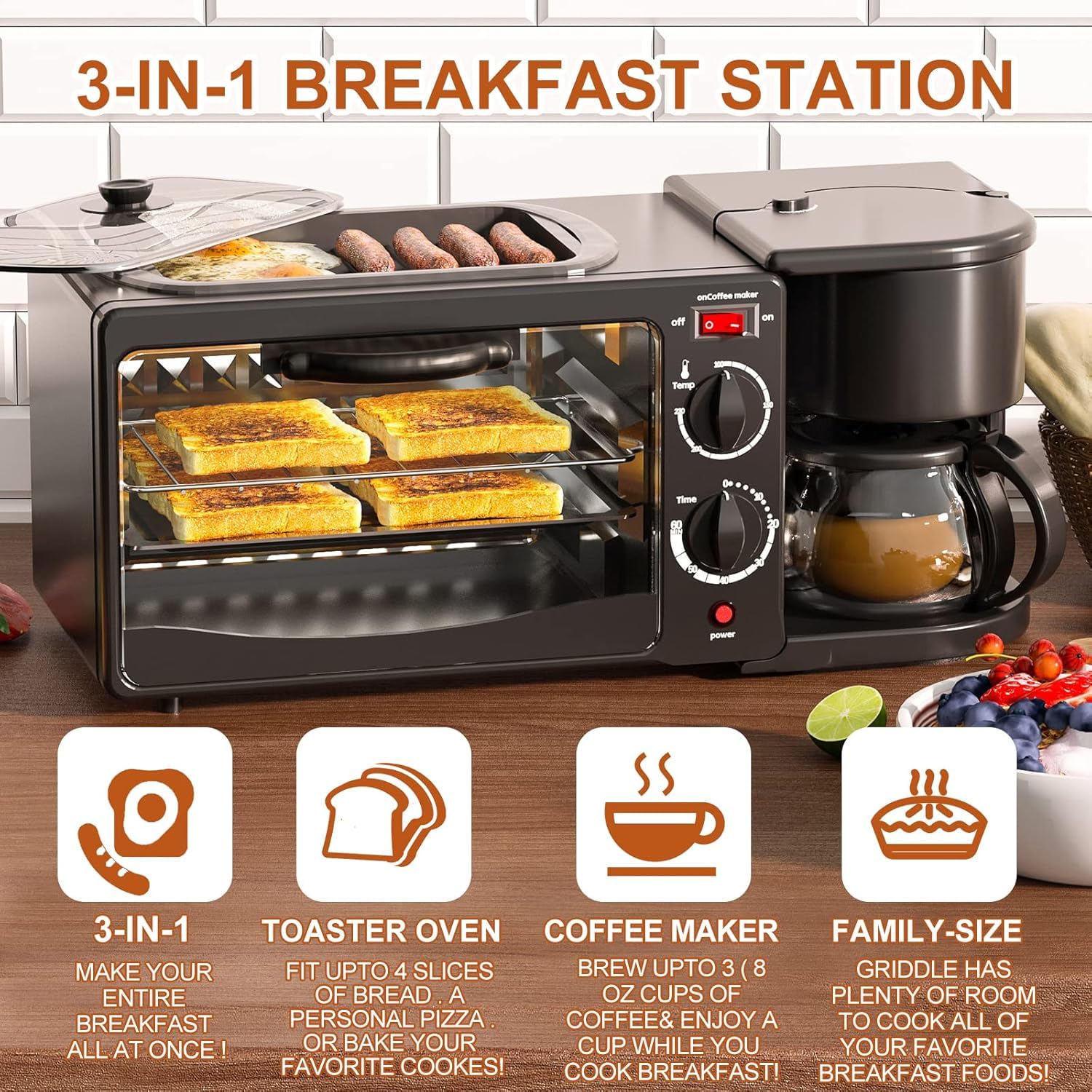 3-in-1 Breakfast Station with Timer - Toaster, Frying Pan & Coffee Maker - Compact Portable Oven for Small Kitchens, Apartments & Dorms - Perfect for Quick Breakfasts, Camping & Office Use