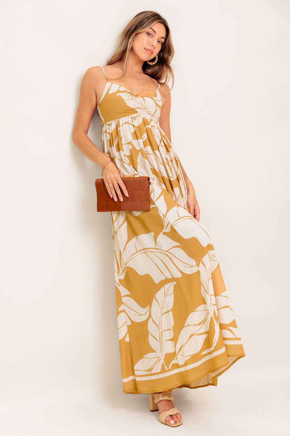 Meredith Maxi Dress with Leaf Print - Flowy Summer Dress for Women, Beach Vacation & Boho Style Outfits