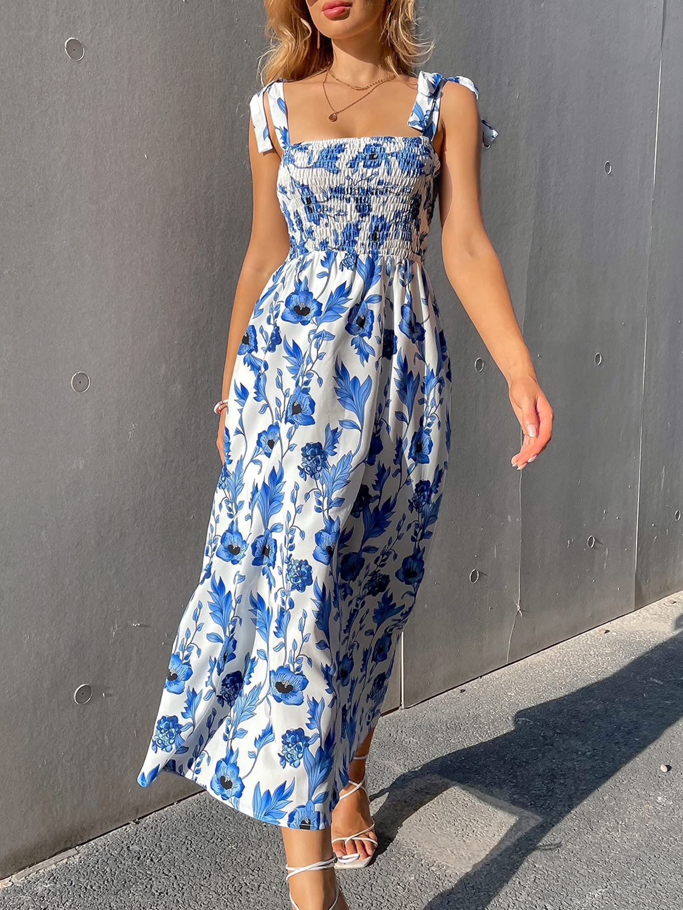 Women's Floral Maxi Sundress - Blue & White Summer Beach Dress for Vacation 2025 | Casual Boho Long Dress for Poolside, Travel & Outdoor Events