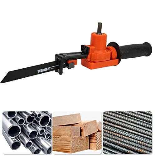 Electric Alloy Drill Reciprocating Saw Attachment - Adapter Converts Drill into Saw for Wood & Metal Cutting - Includes Handle, Screwdriver & Saw Blades (Orange) - Perfect for DIY Projects, Home Renovation & Woodworking