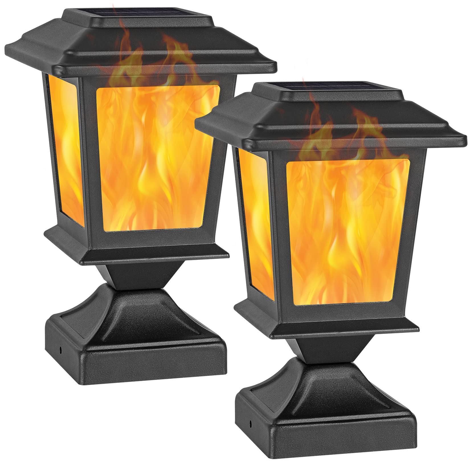 4X4 Solar Fence Post Lights - Waterproof Metal Solar Deck Post Cap Lights with Flickering Flame Effect (2 Pack) for Yard, Patio, Garden & Pathway Lighting | Perfect for Outdoor Decoration & Landscape Illumination