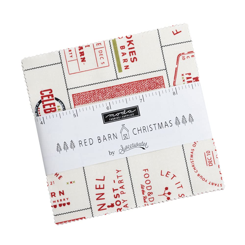 Moda Red Barn Christmas Charm Pack - Festive Holiday Fabric Squares for Quilting, Sewing & DIY Crafts - Perfect for Christmas Decorations, Stockings & Holiday Gifts