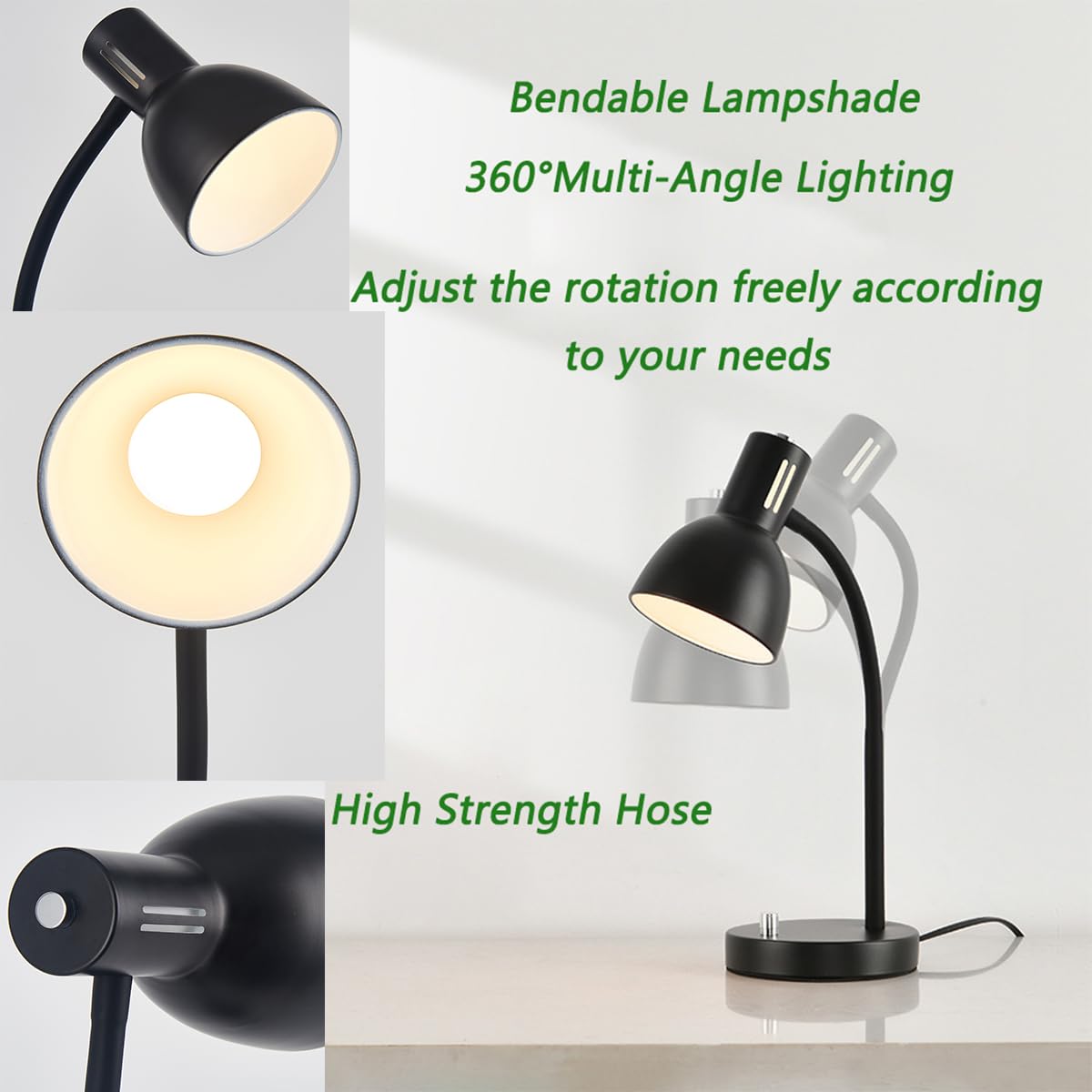 Adjustable Metal Black Desk Lamp with Free 7W LED Bulb - Eye-Caring Reading Light for Home Office, Study, Bedroom & Nightstand - Perfect for Work, Reading & Relaxation