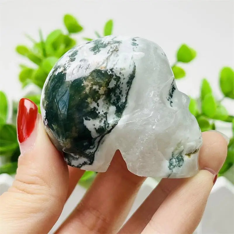 4.9CM Natural Moss Agate Skull Carving Sculpture - Healing Crystal Gemstone for Home Decor, Meditation & Spiritual Healing - Unique Handcrafted Ornament for Office Desk, Altar Display or Gift Giving