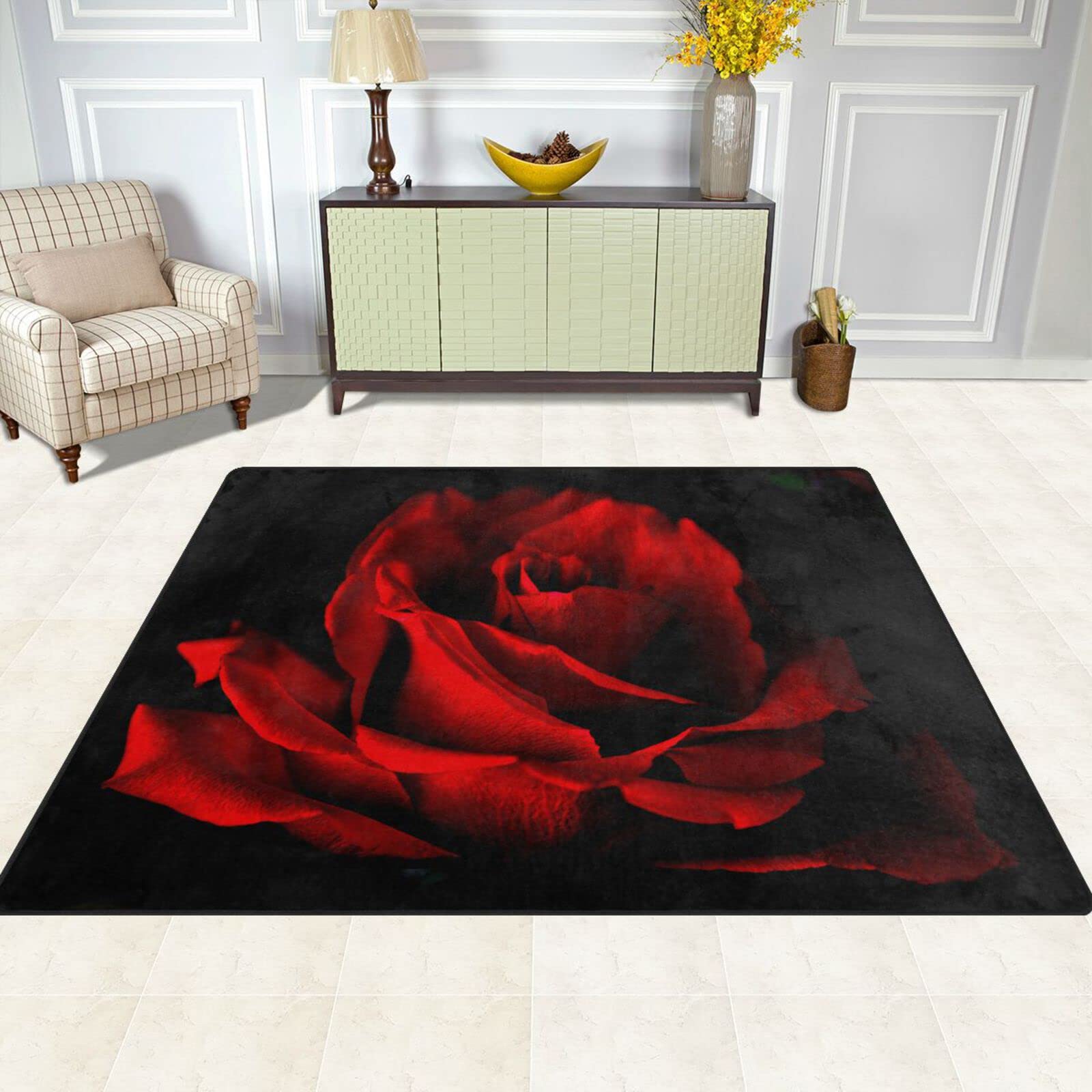 ALAZA Red Rose Flower on Black Valentine's Day Area Rug - 5'3