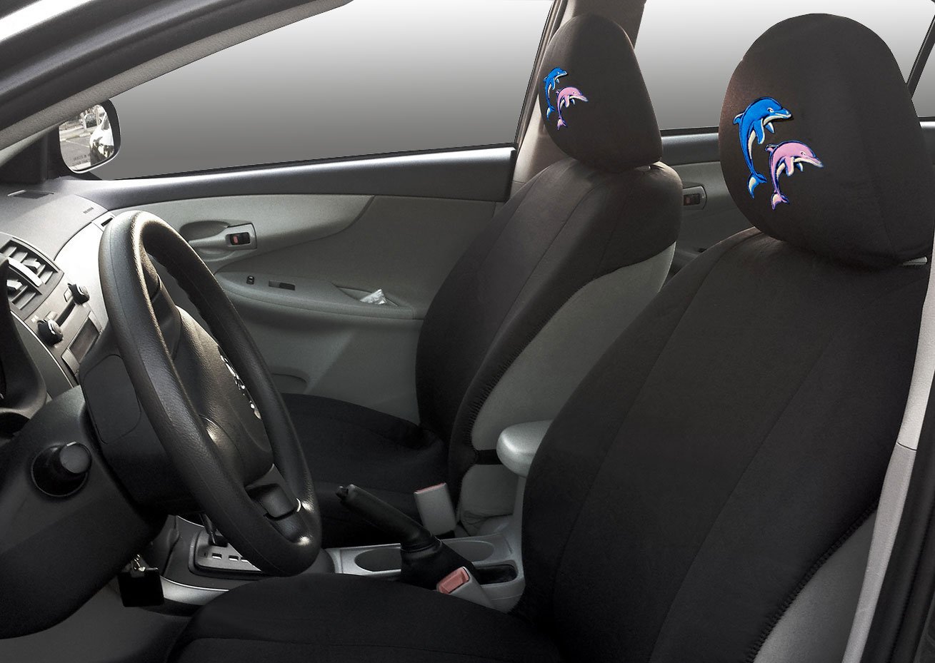 Universal Interchangeable Car Seat Headrest Covers - Soft & Breathable Fabric, Fits Most Cars, Vans & Trucks (Pair, Dolphin Design) - Perfect for Road Trips, Daily Commute & Family Travel