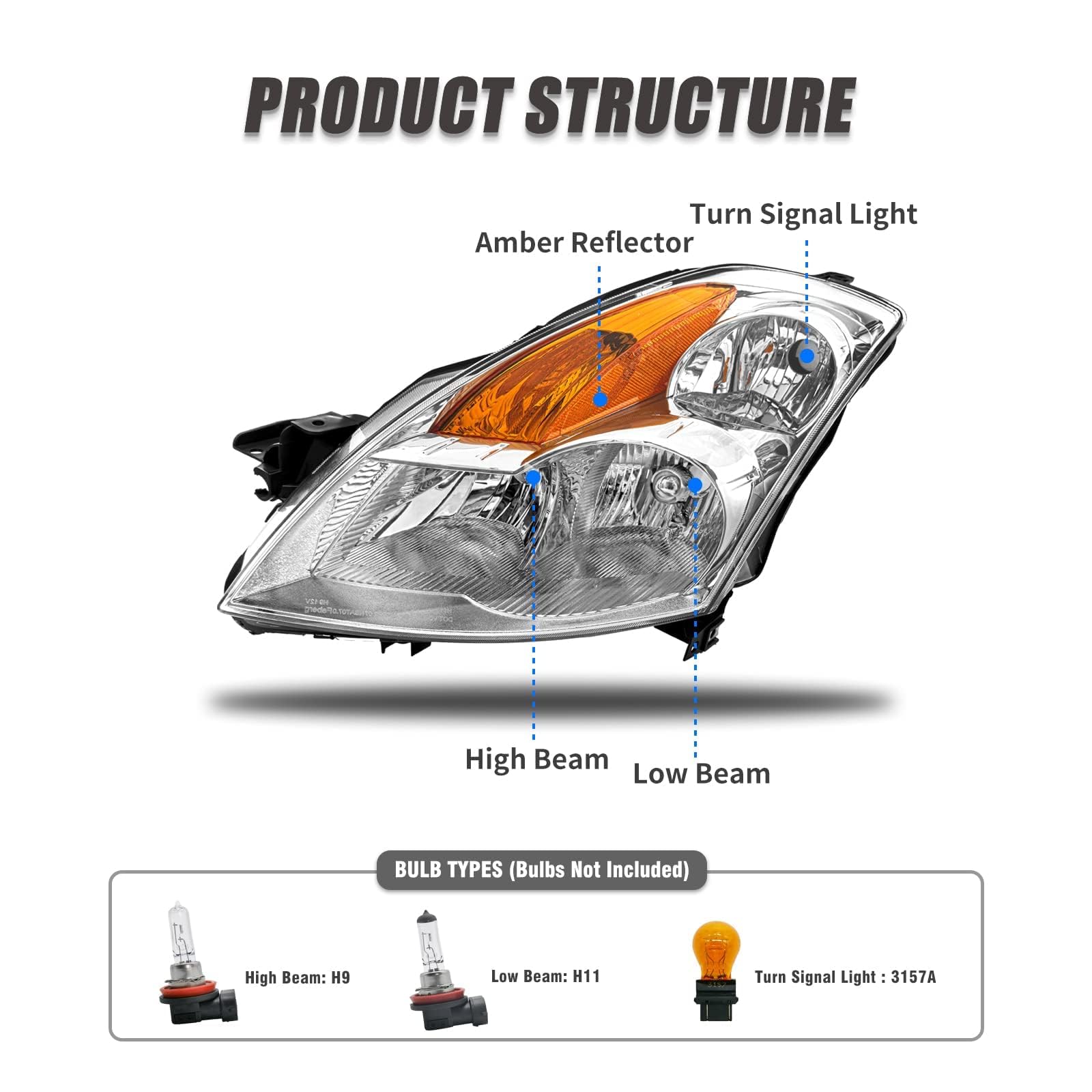 Nissan Altima Headlight Assembly Replacement - Compatible with 2007-2009 4Dr Sedan Models, Halogen Headlights, Clear Lens & Chrome Housing with Amber Reflector (Left & Right Pair) - Perfect for Night Driving and Enhanced Visibility