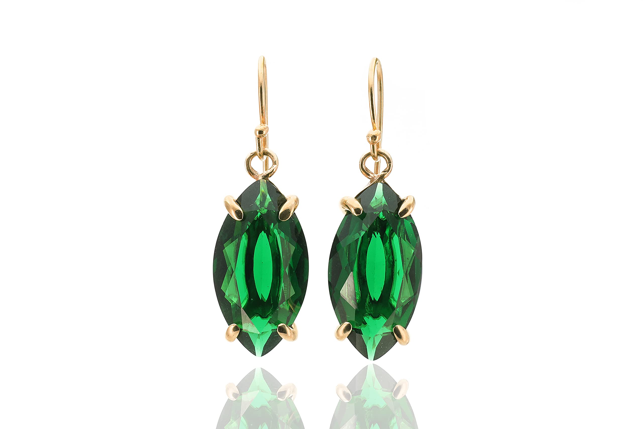 18k Solid Gold Marquise Cut Green Emerald Dangle Earrings - May Birthstone Jewelry - Minimalist Prong Setting Long Gemstone Earrings for Women - Perfect Gift for Birthday, Anniversary & Special Occasions