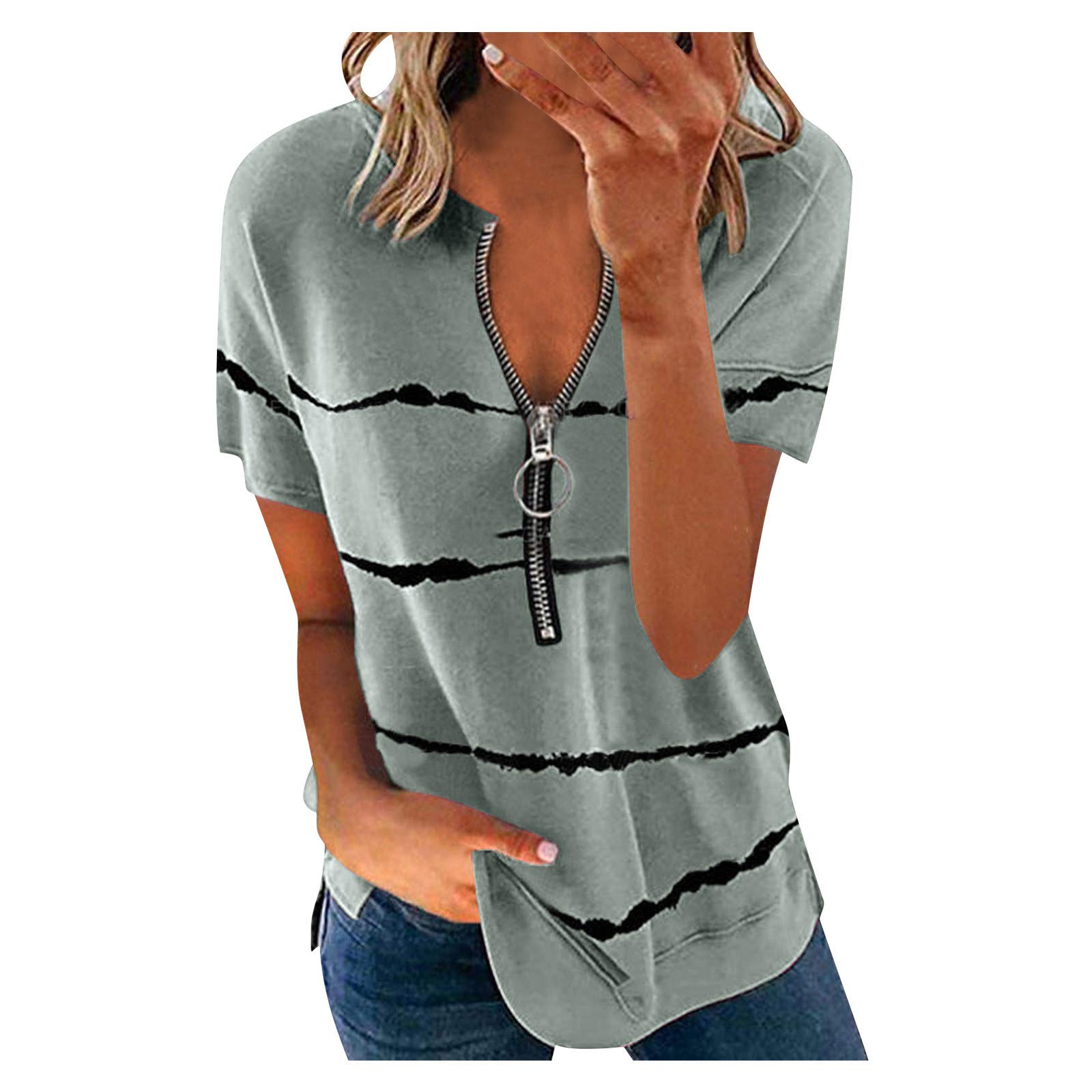 VISLINDU Women's Short Sleeve T-Shirts - Floral Print Summer Casual Blouses with Zipper Detail, Comfortable Pullover Tunic Tops for Everyday Wear, Outings & Vacation