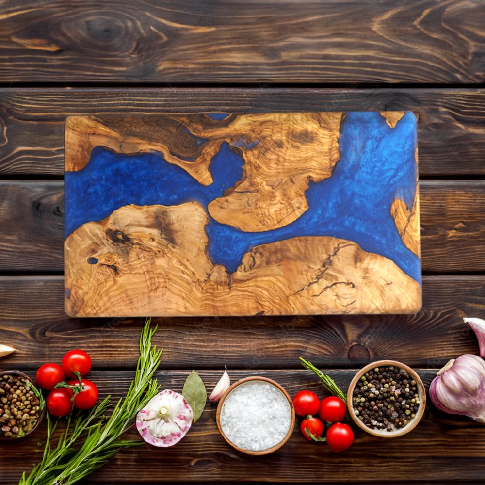 Handmade Epoxy Resin Cutting Board & Charcuterie Serving Tray - Olive Wood Cheese Board with Blue Resin for Kitchen, Entertaining, Housewarming Gifts - Perfect for Serving Cheese, Fruit, Meat, Appetizers at Parties, Weddings & Dinner Gatherings