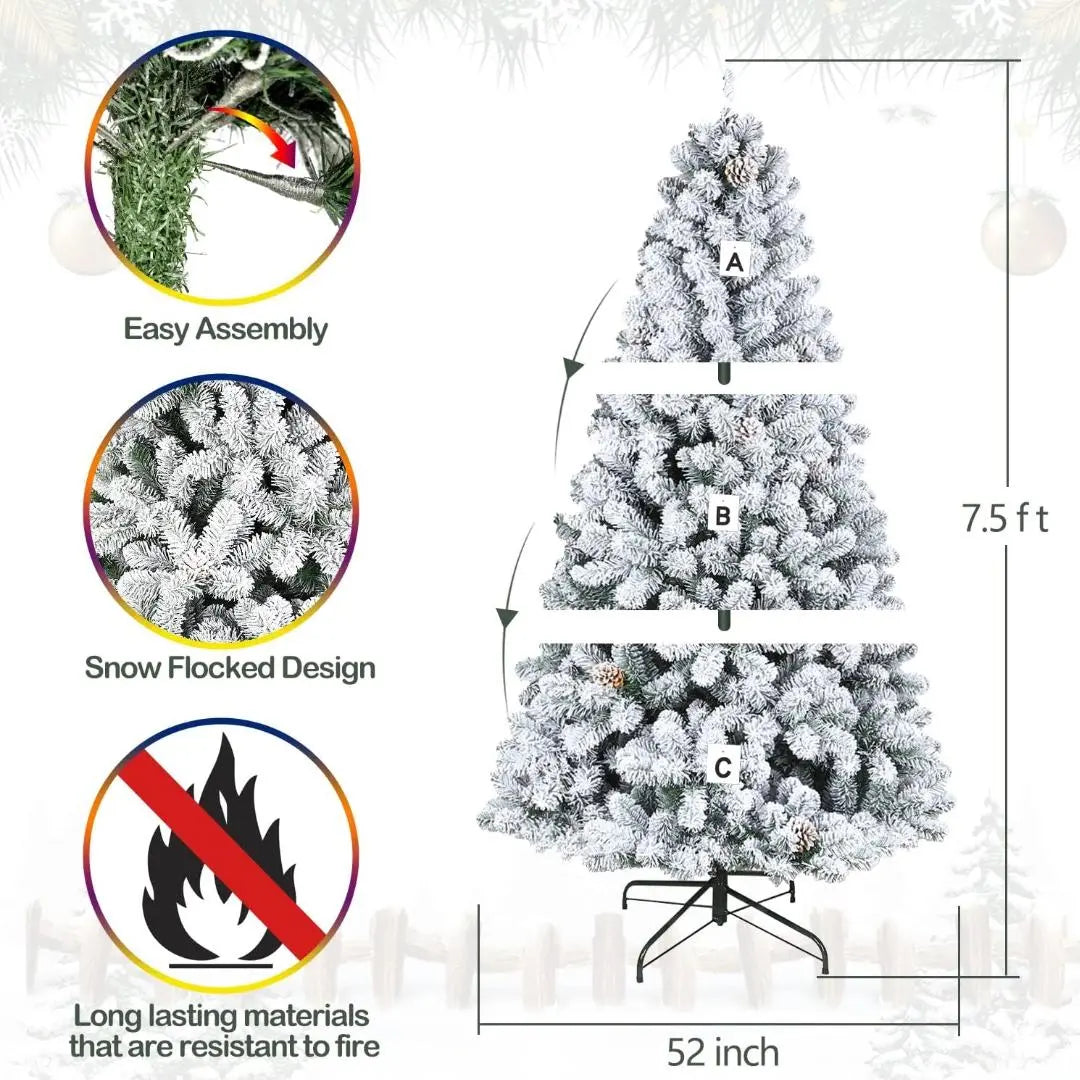6.5'/7.5'/9' Flocked Artificial Christmas Tree with Pine Cones & Metal Stand - Hinged Branches for Easy Setup - Perfect for Living Room, Office, or Holiday Decorations