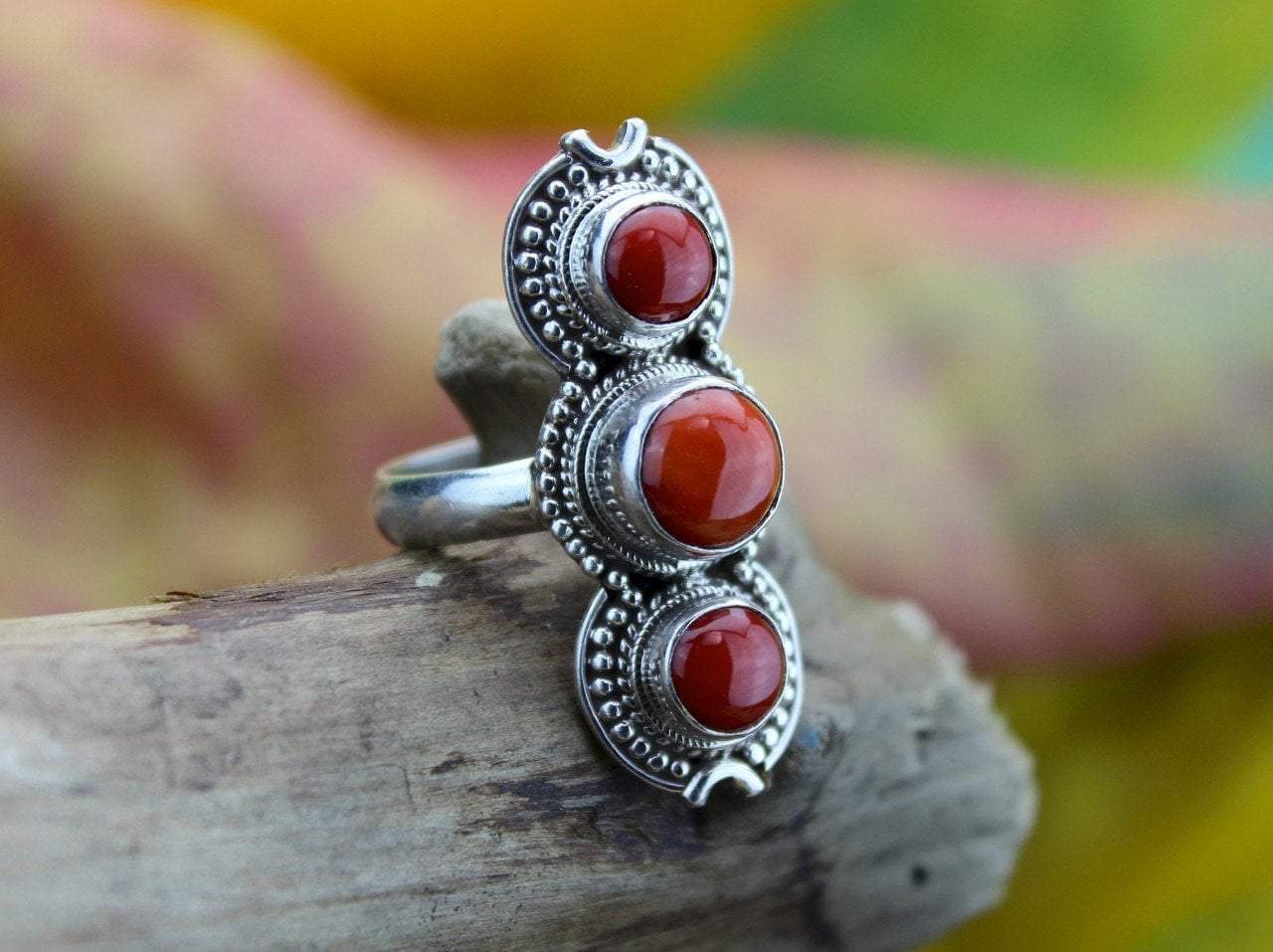 3 Stone Coral and Sterling Silver Ring for Women - Elegant Handmade Jewelry Gift for Anniversary, Birthday, Valentine's Day | Perfect for Beach Weddings, Date Nights & Special Occasions