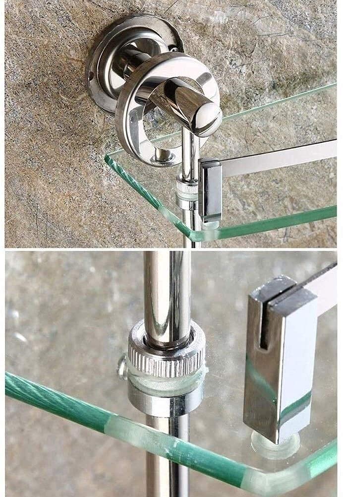 Stainless Steel Wall Mounted Bathroom Shelf with Towel Rail & Hooks - 2 Tier Corner Storage Organizer (50cm) - Perfect for Small Bathrooms, Showers & Vanity Organization