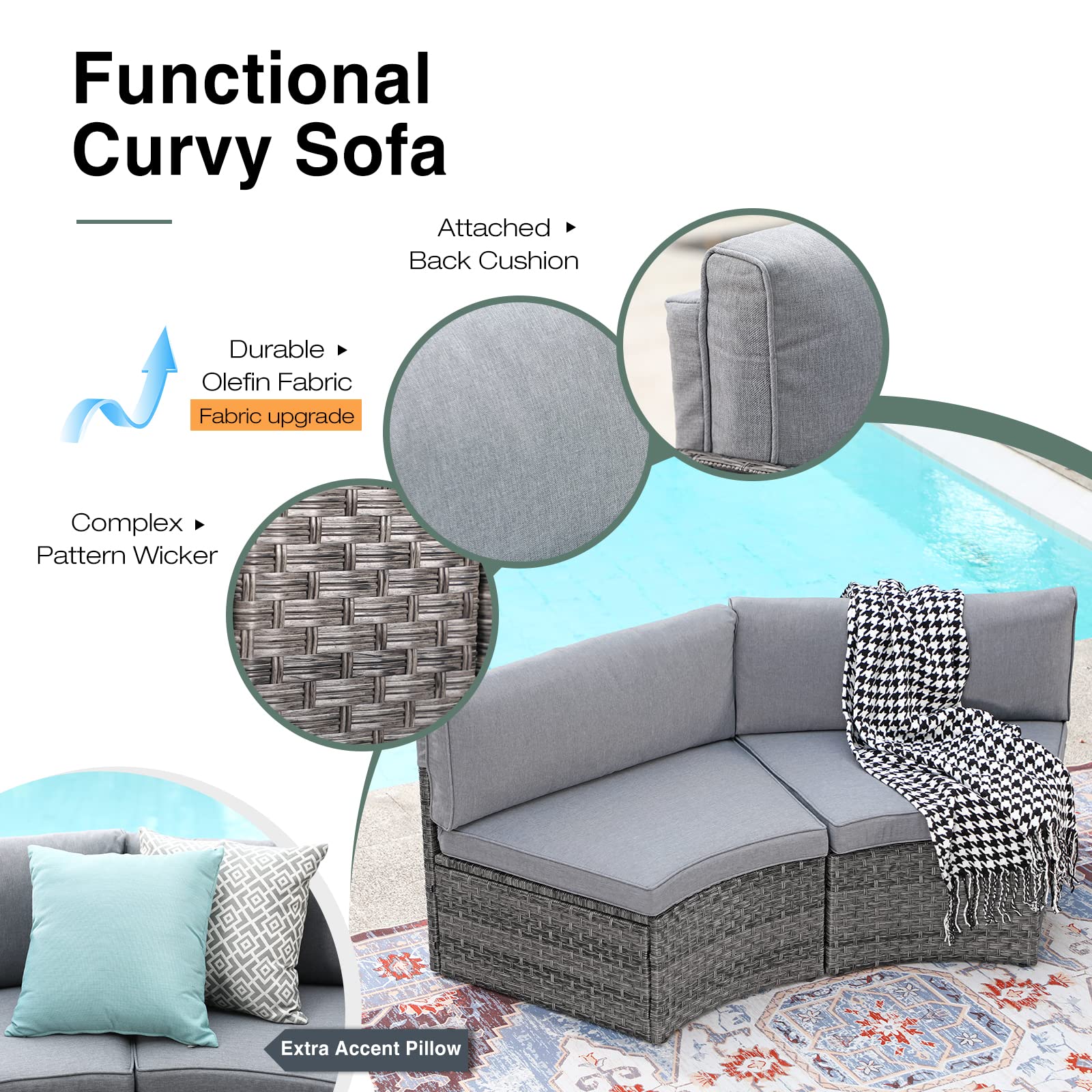 7-Piece Outdoor Patio Furniture Set - Half Moon Curved Sectional Sofa with Round Coffee Table, 4 Pillows & Waterproof Cover - Grey Rattan Wicker for Garden, Poolside & Backyard Relaxation