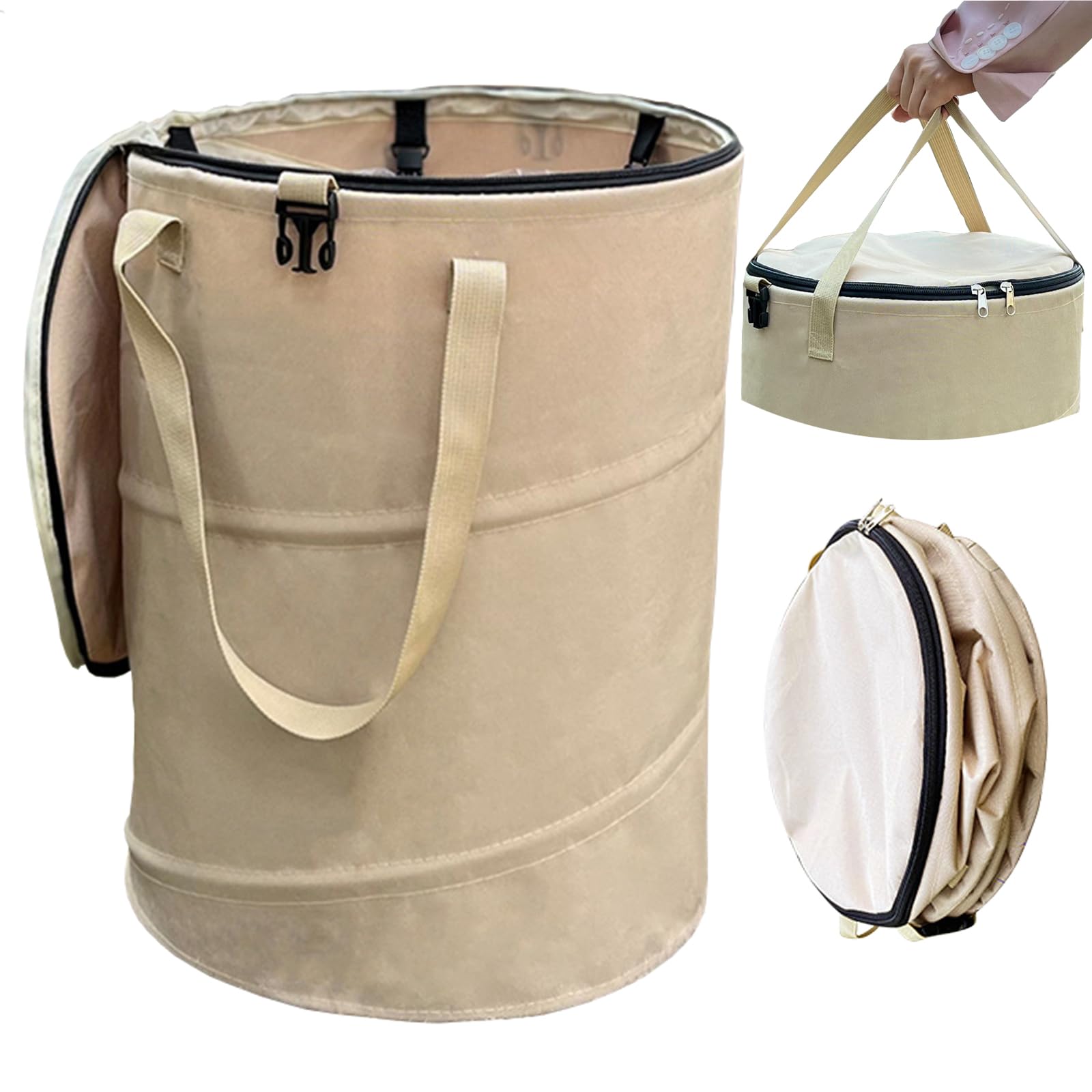 Pop Up Camping Trash Can with Lid - 24 Gallon Collapsible Garbage Bin with Sorting Clips | Reusable Yard Waste Bag for Garden, Lawn & Leaf Collection | Perfect for Outdoor Camping, Picnics & Backyard Cleanup (Beige Coffee)