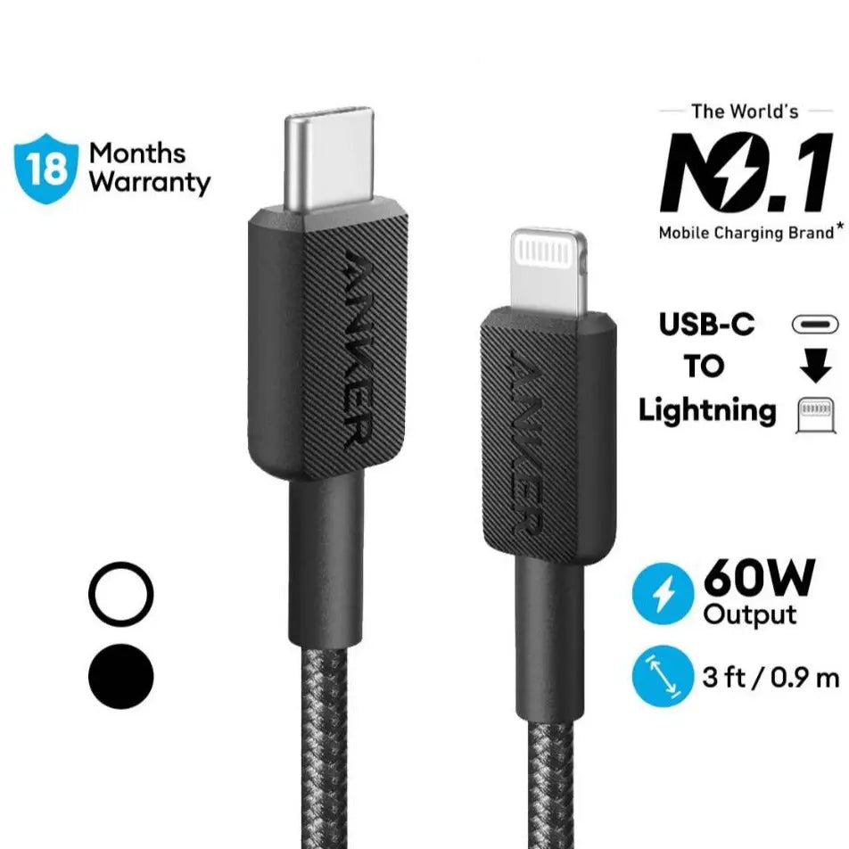 Anker 322 PowerLine USB C to Lightning Cable 3ft/0.9m 60W Fast Charging Cable for iPhone 14/13/12/11/X/8 - Durable Nylon Braided, Data Sync & Quick Charge - Perfect for Home, Office & Travel Accessories