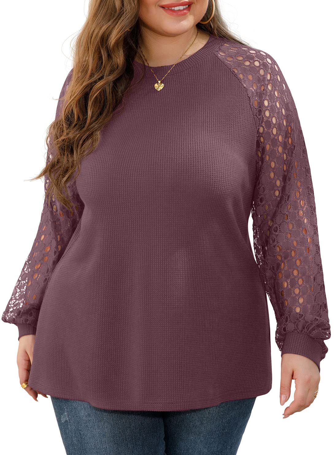 OLRIK Plus Size Summer Tops for Women - Waffle Knit Blouse with Short Lace Sleeves | Casual & Chic Shirts for Beach, Office & Date Night