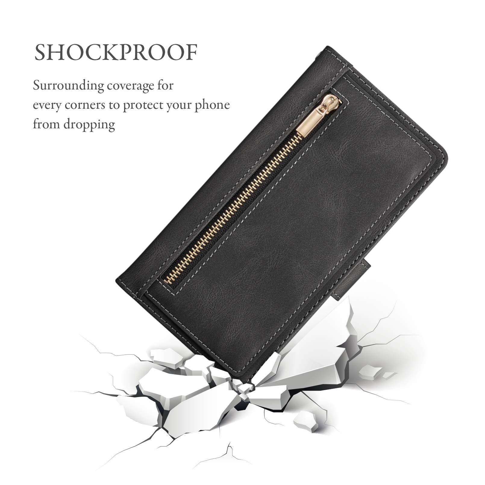 QLTYPRI Leather Wallet Case for iPhone 12 Pro Max (6.7 Inch) - Zipper Purse with Money Pocket, 9 Card Slots & Wrist Strap - Magnetic Flip Cover - Black - Perfect for Travel, Shopping & Everyday Use