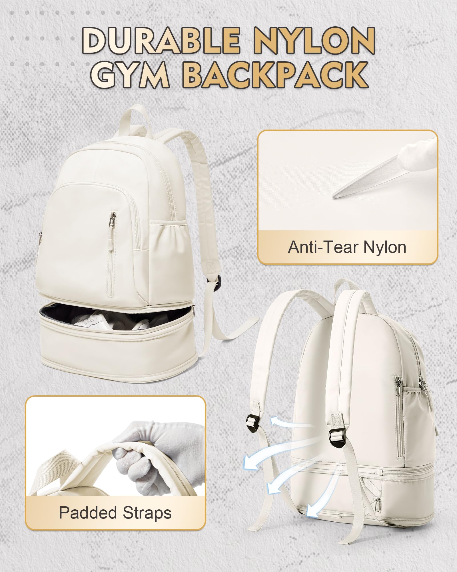 Lightweight Waterproof Gym Backpack for Women & Men - Sports Bag with Shoe Compartment & Wet Pocket - Perfect for Yoga, Fitness, Workouts & Travel - Beige