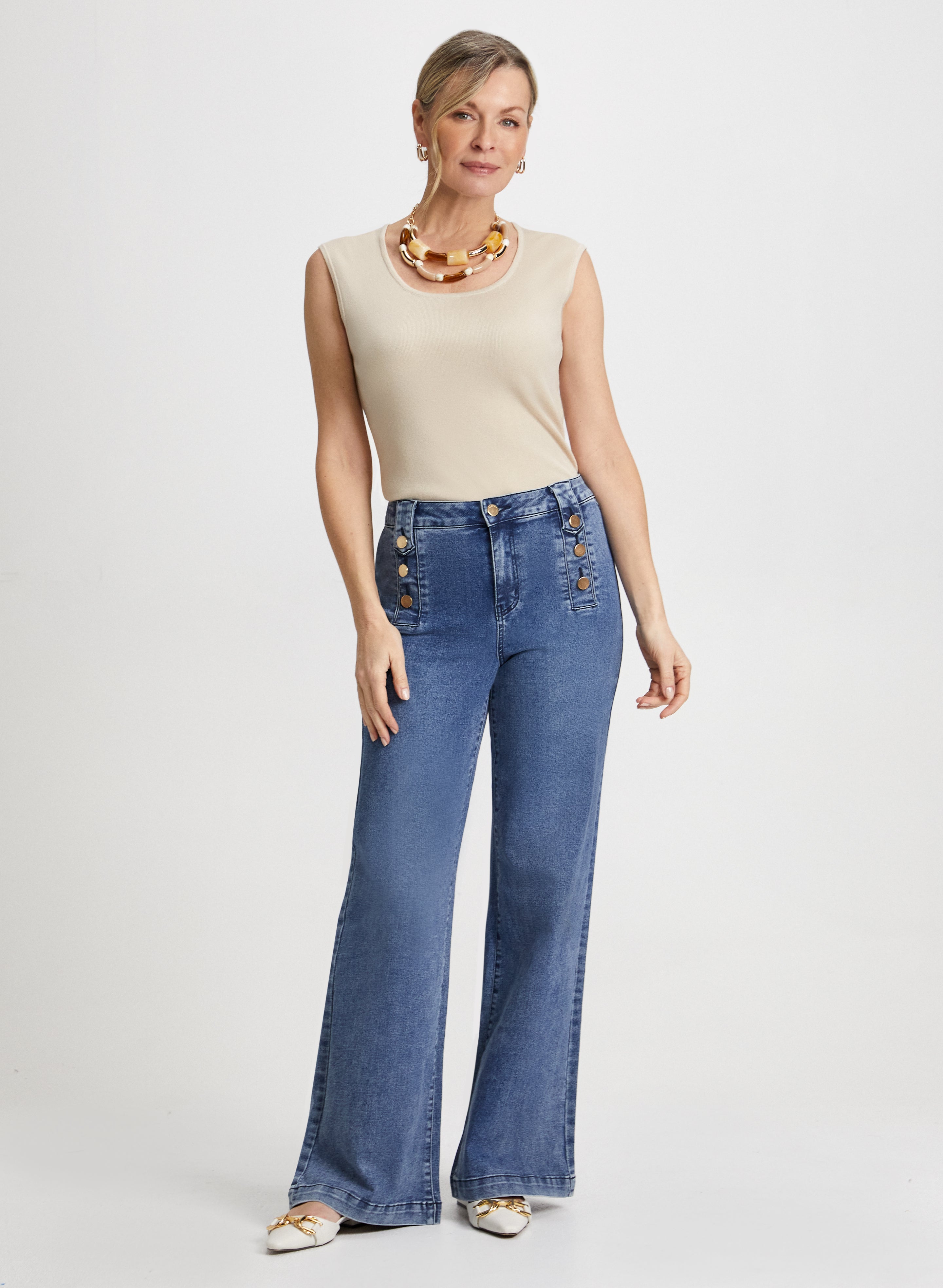 Women's Cap Sleeve Blouse & High-Waisted Wide Leg Jeans Set - Casual Chic Outfit for Work, Date Night & Weekend Brunch