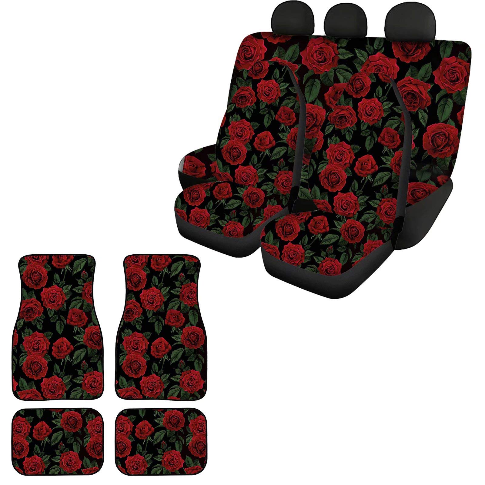 Red Rose Car Seat Covers & Floor Mats Set - 8pcs for Women's Car Interior Decor & Pet Protection