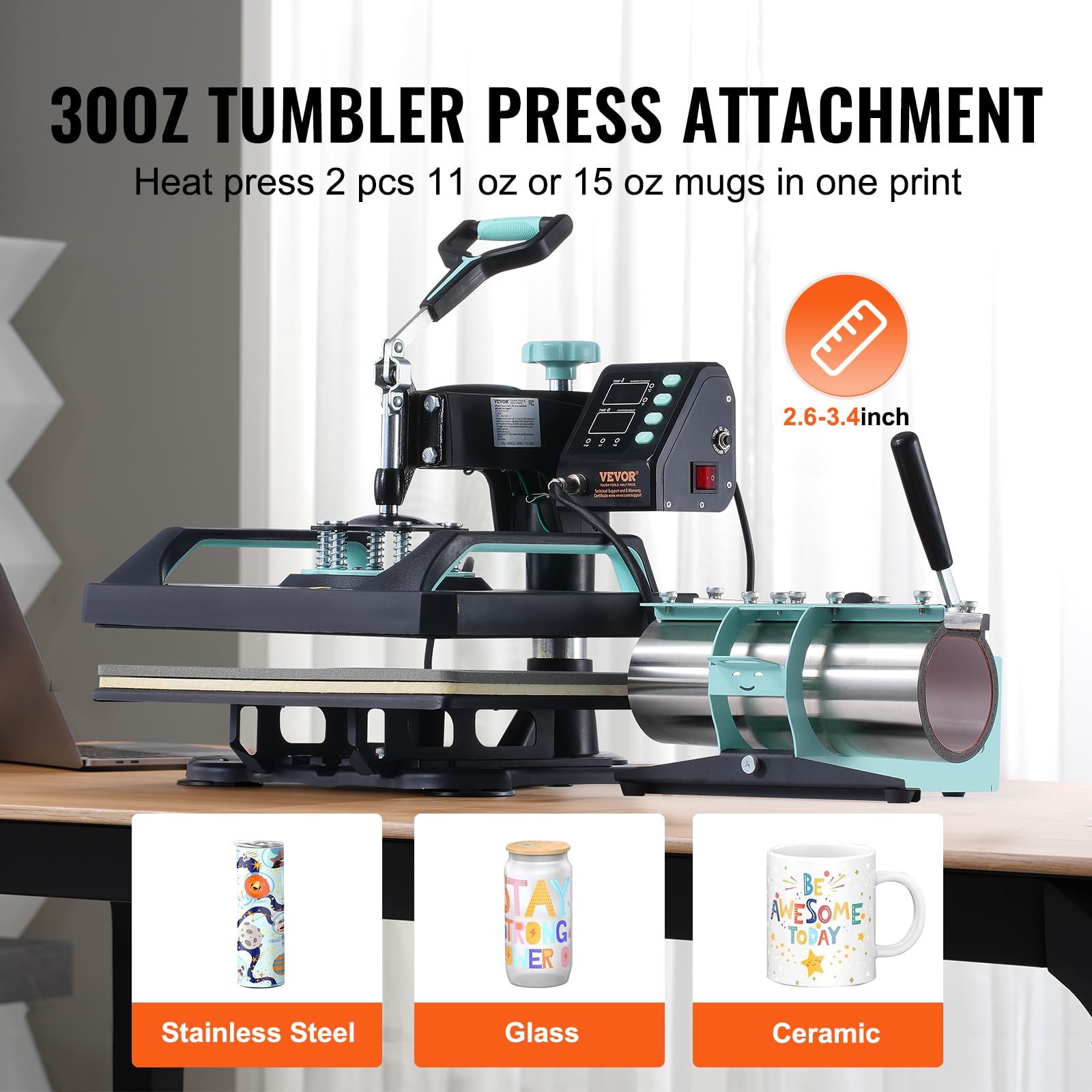 VEVOR 8-in-1 Digital Heat Press Machine for T-Shirts, Hats, Mugs & Plates - 12x15 Inch Swing Away T-Shirt Press with 30oz Tumbler Press, Hat Press & Plate Press (Light Green) - Perfect for DIY Custom Apparel, Sublimation Projects & Small Business Printing
