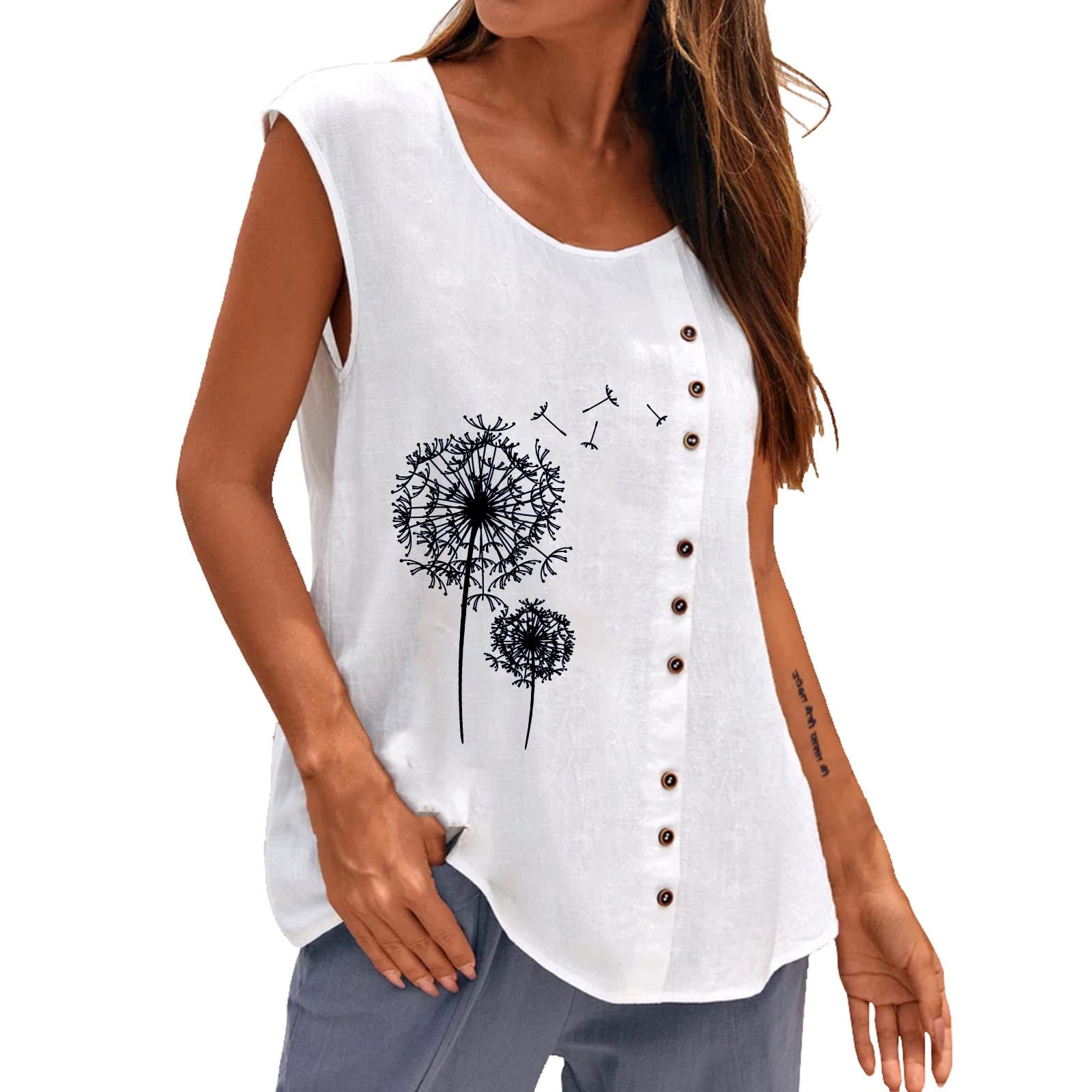 Women's Summer Casual Sleeveless Button Vest - Round Neck Loose Blouse Active Top (XX-Large, White) | Breathable & Comfortable for Outdoor Activities, Work & Travel