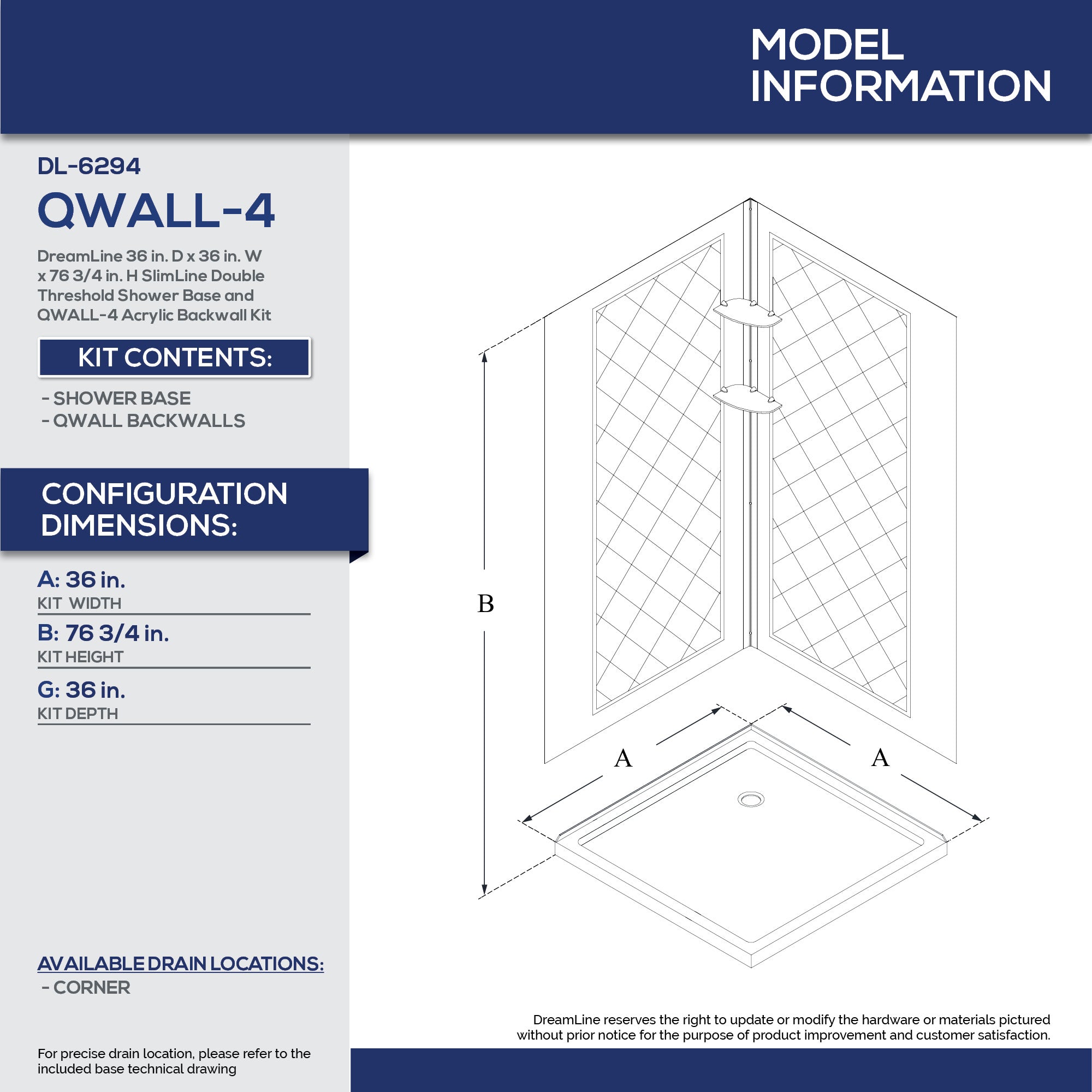 DreamLine 36x36x76.75 Inch SlimLine Double Threshold Shower Base with QWALL 4 Acrylic Backwall Kit - Easy Installation, Waterproof Bathroom Upgrade for Small Spaces & Modern Homes