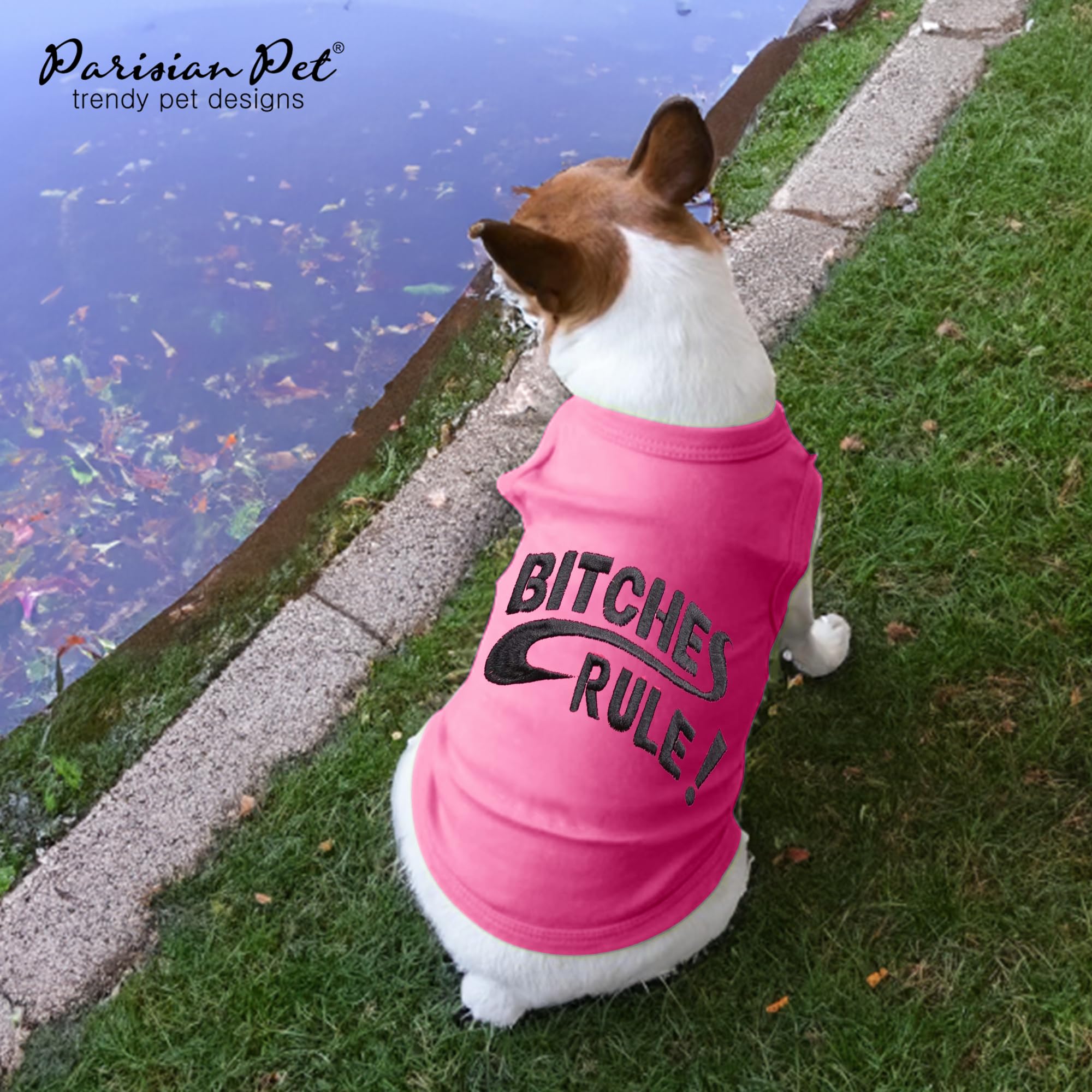 Parisian Pet Dog T-Shirt - Embroidered 'B*tches Rules' Sleeveless Dog Shirt - 100% Cotton Lightweight Funny Dog Clothes - Machine Washable Large Dog Tee - Perfect for Dog Parks, Birthday Parties & Instagram Photos