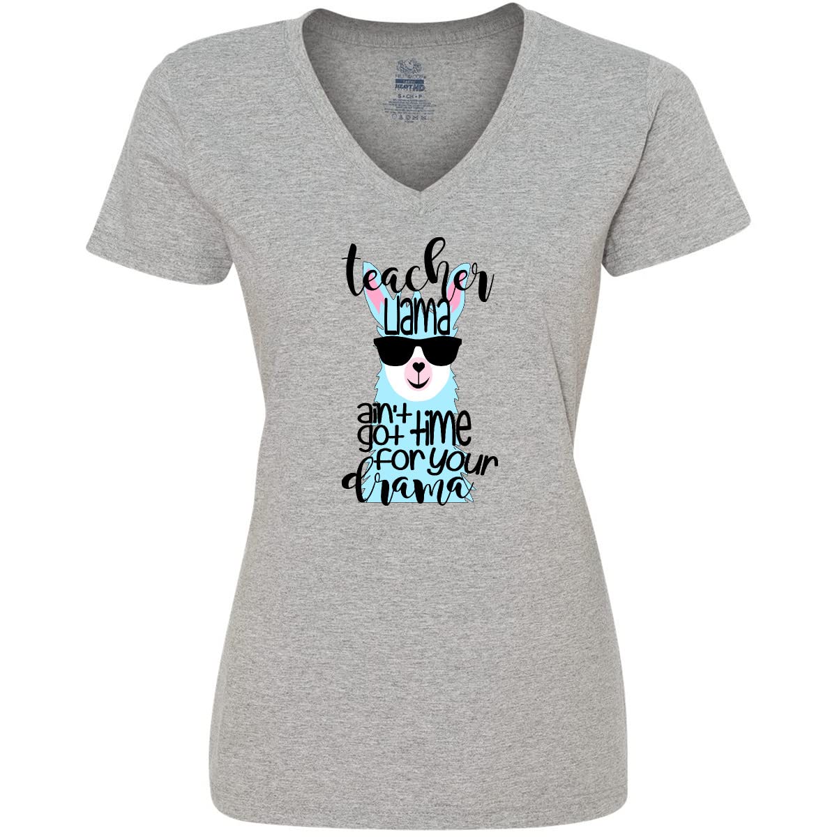 Inktastic Teacher Llama Ain't Got Time for Your Drama Women's V-Neck T-Shirt - Funny Teacher Apparel, Cute Llama Graphic Tee for Educators, Back to School Gift Idea