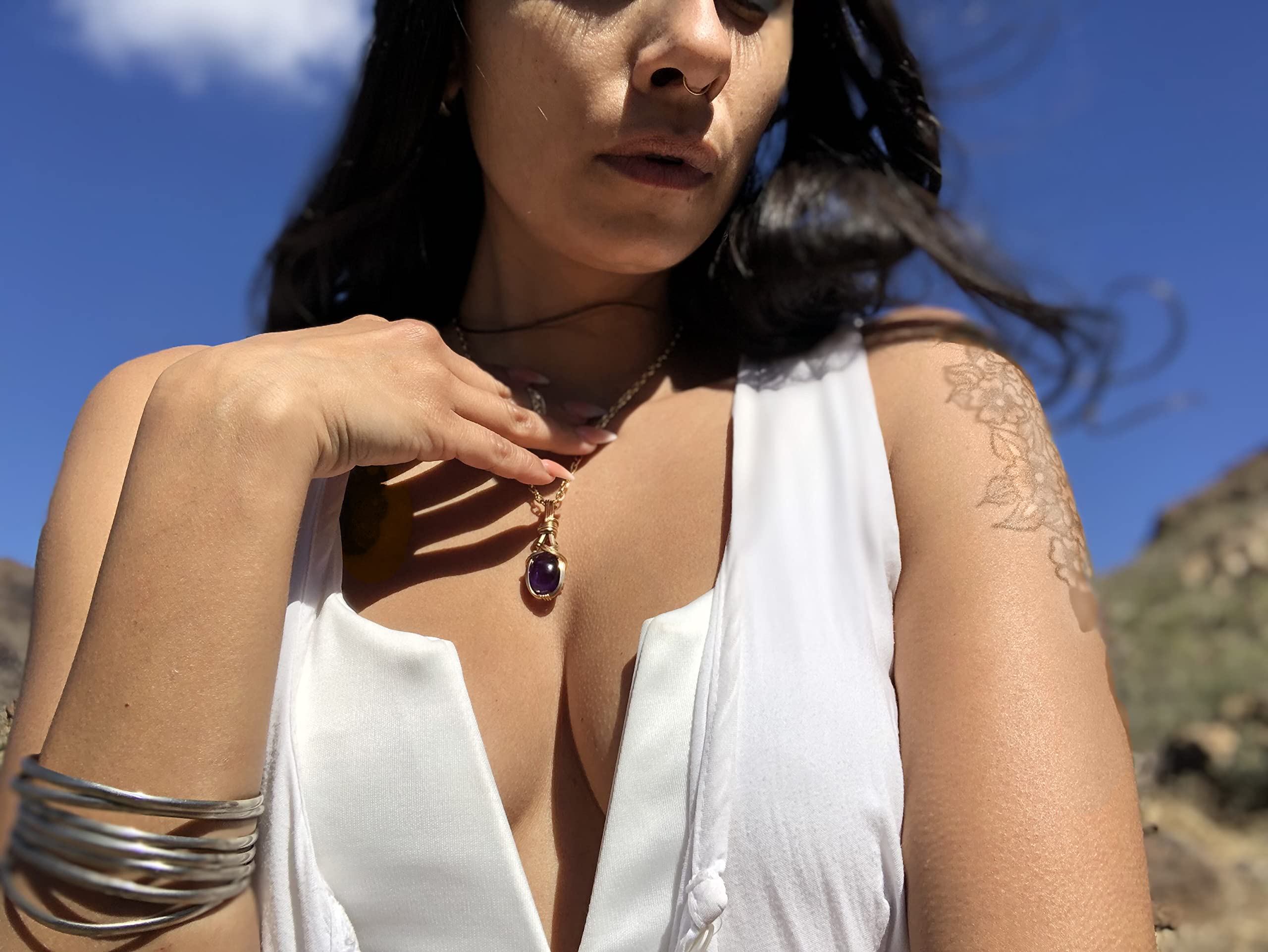14K Gold Filled Amethyst Crystal Necklace Pendant - AAA Quality Heart Wand Reiki Energy Jewelry for Romance & Healing | Comes with Elegant Gift Box & Black Leather Chain | Perfect for Meditation, Spiritual Gifts & Special Occasions