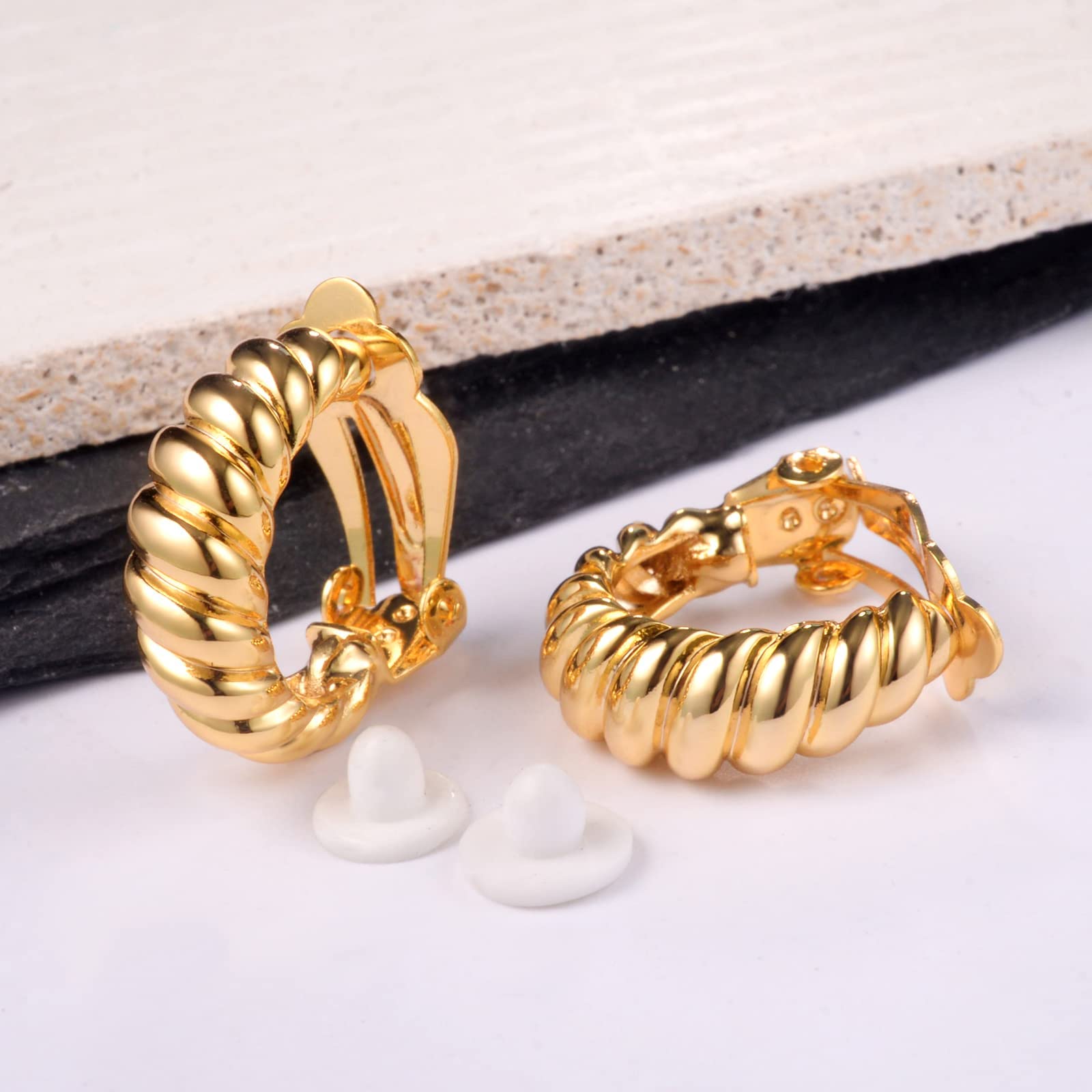 14K Gold Clip-On Hoop Earrings for Women - Hypoallergenic Non-Pierced Croissant Earrings | Perfect for Sensitive Ears, Weddings & Special Occasions