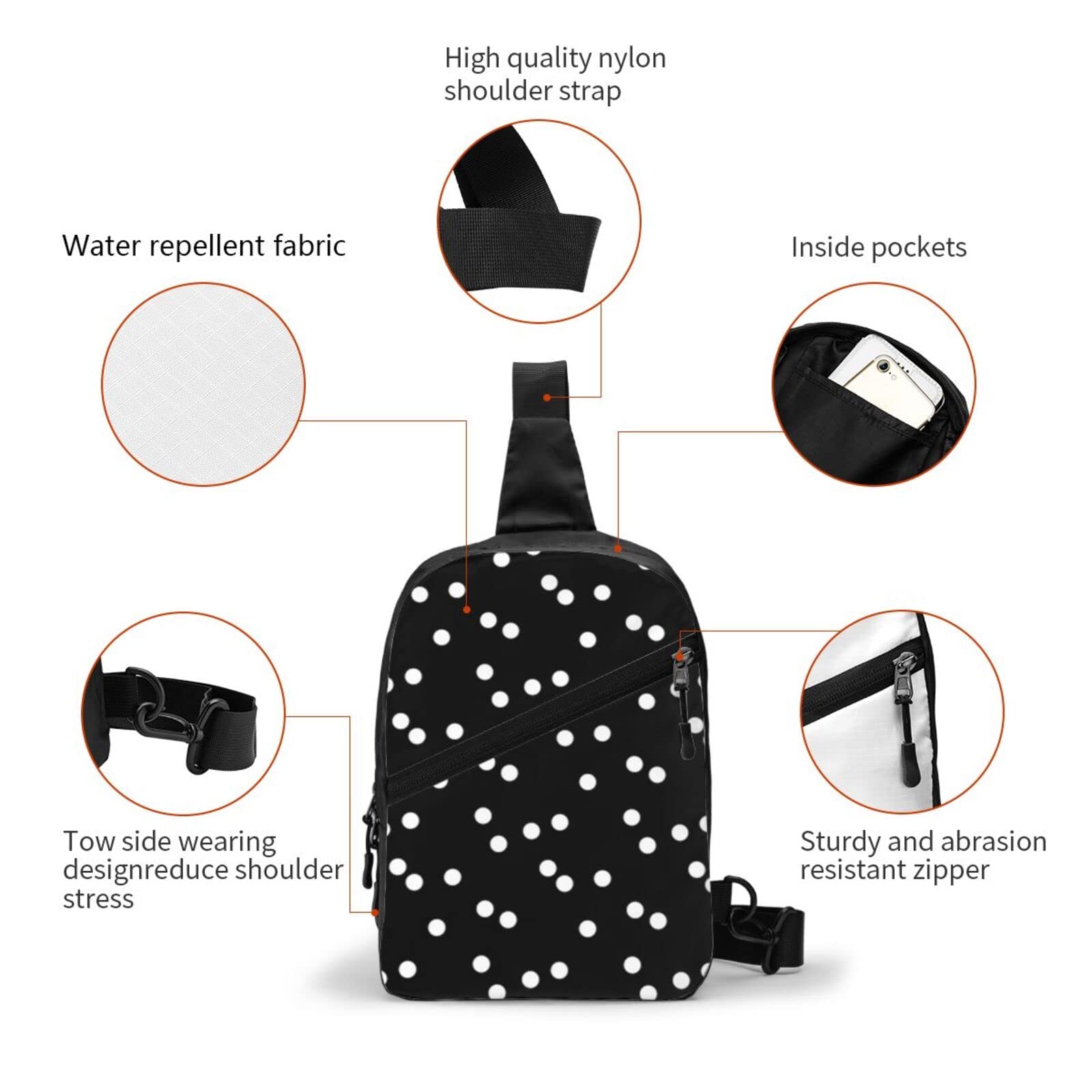 Anti-Theft Crossbody Sling Backpack for Travel - Lightweight Chest Shoulder Bag for Men & Women (Black/White Polka Dots) - Perfect for Hiking, Commuting & Daily Use