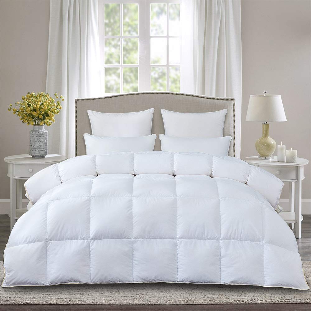 Premium 750+ Fill Power All Seasons Goose Down Comforter - Hypoallergenic 100% Cotton Shell with Down Proof Tabs - Queen Size White Duvet Insert for Bedroom Luxury (28oz, 1000 Thread Count) - Perfect for Master Bedrooms, Guest Rooms & Cozy Winter Nights