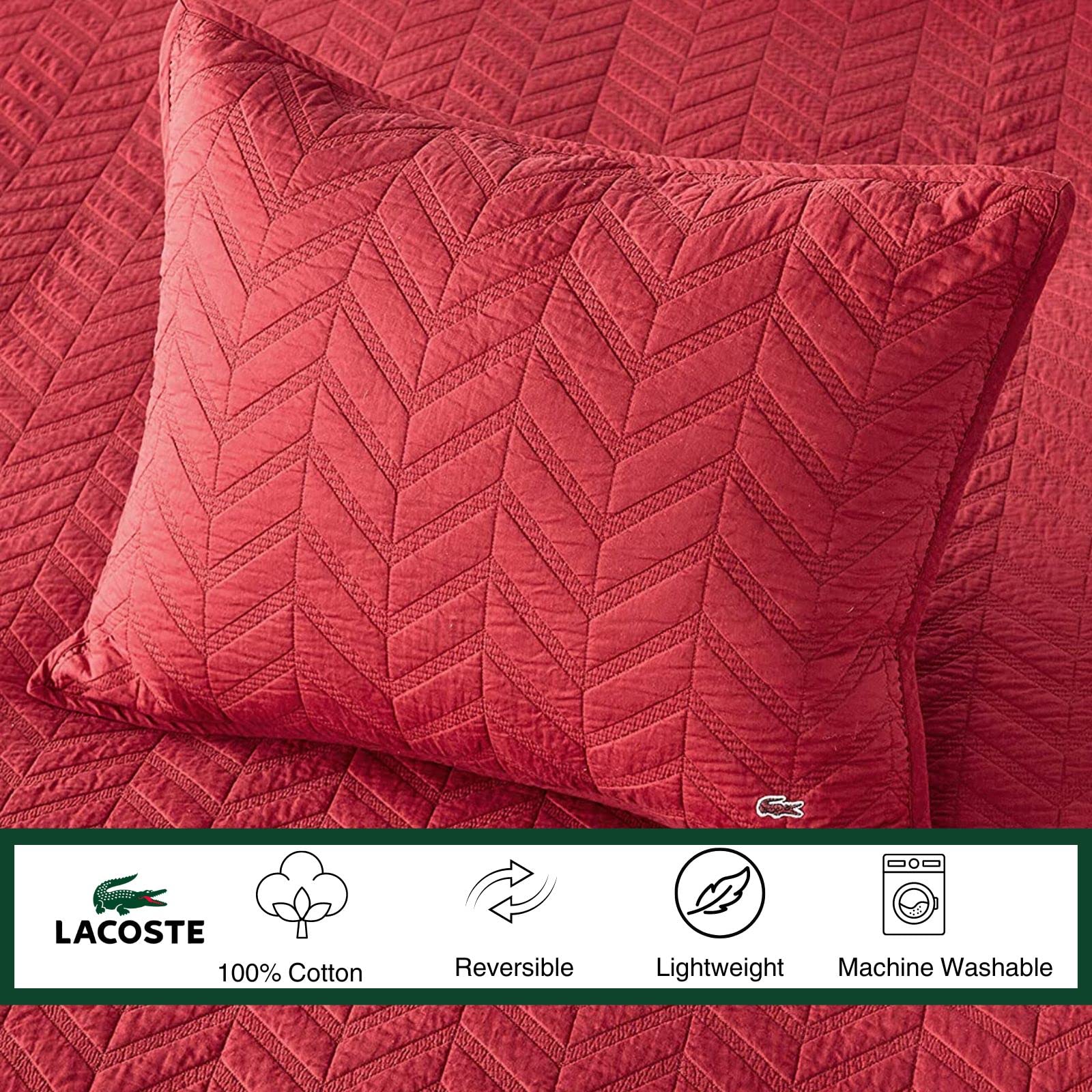 Lacoste Herringbone Stitch 2-Piece Quilt Set - Twin Size, Deep Red - Soft & Stylish Bedding for Cozy Bedroom Decor