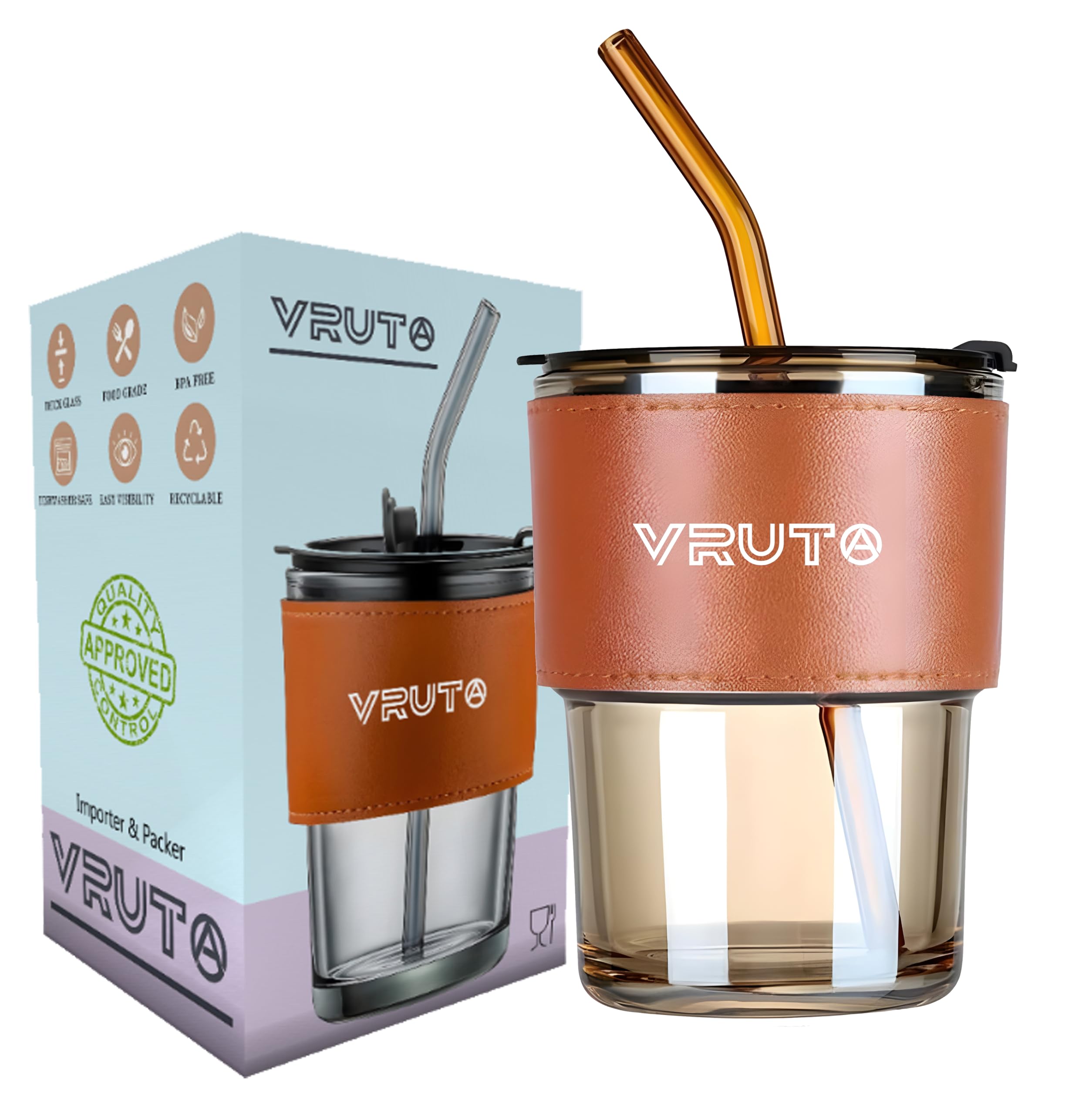 VRUTA Insulated Leather Grip Coffee Tumbler with Lid & Silicone Straw - 16oz Double Wall Glass Travel Mug for Hot/Cold Drinks - Perfect for Coffee, Tea, Juice - Office, Commute, Camping, Gift (1 Pack)