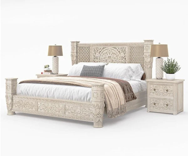 Hand Carved Solid Wood King Size Bed Frame - White Finish | Luxury Master Bedroom Furniture for Modern & Traditional Home Decor