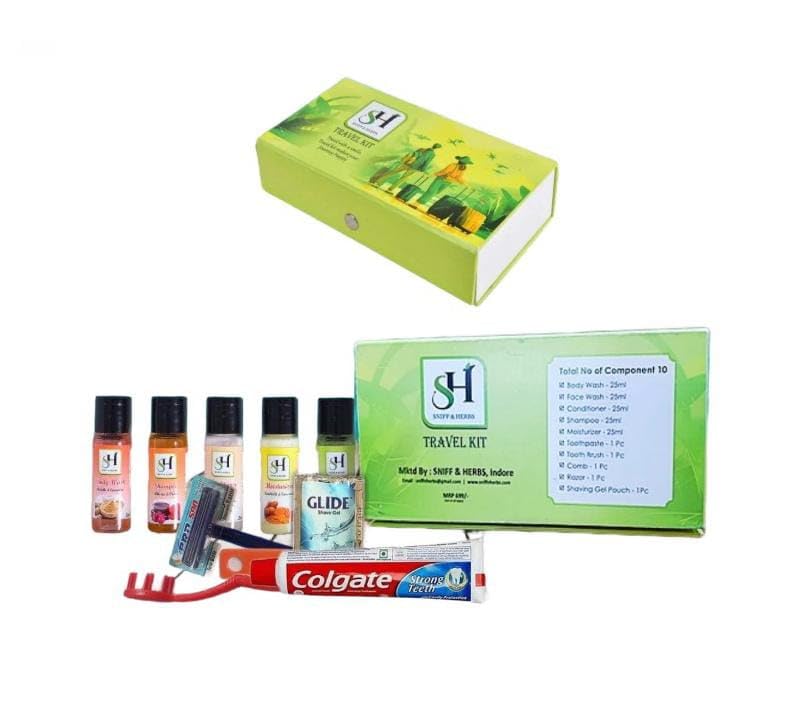 SNIFF & HERBS 10-Piece Travel Toiletries Set for Men & Women - Shampoo, Body Wash, Face Wash, Moisturizer, Conditioner, Toothpaste, Toothbrush, Shaving Gel, Razor, Comb & Travel Bag | Premium Hotel Guest Amenities Kit | Ideal for Travel, Gifts & Hospitality Use
