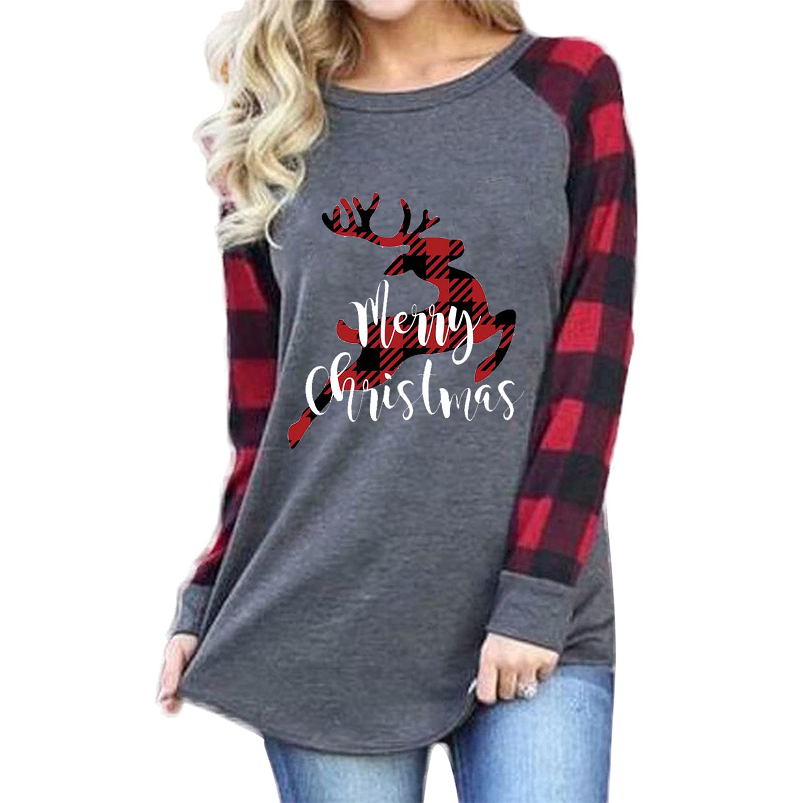 T&Twenties Women's Merry Christmas Buffalo Plaid Shirt - Baseball Raglan Sleeve Christmas T-Shirt - Cute Holiday Top for Parties & Family Gatherings