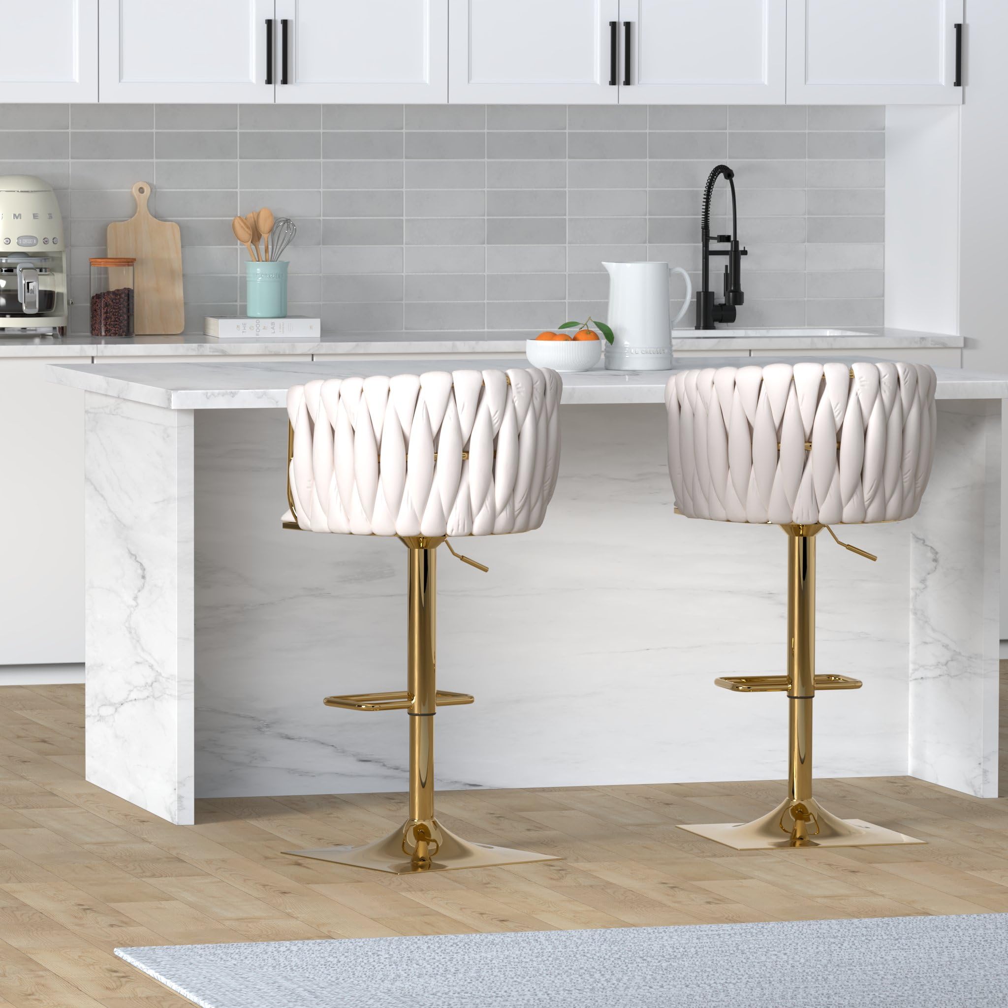 NIOIIKIT Velvet Upholstered Swivel Bar Stool Set of 2 - Counter Height Dining Chairs with Hand Woven Backrest & Footrest - Kitchen Island, Pub, Bar Counter Stools for Home & Restaurant (Ivory)