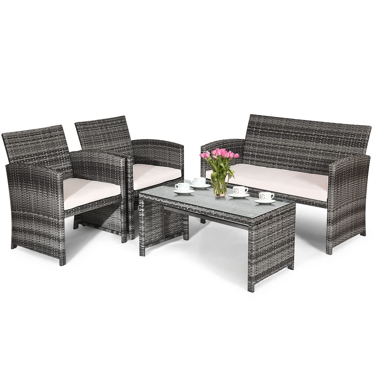HAPPYGRILL 4-Piece Outdoor Rattan Patio Furniture Set with PE Wicker Coffee Table, Sofa Chairs & Soft Cushions - Perfect for Garden, Poolside, Porch, Backyard Relaxation & Entertaining