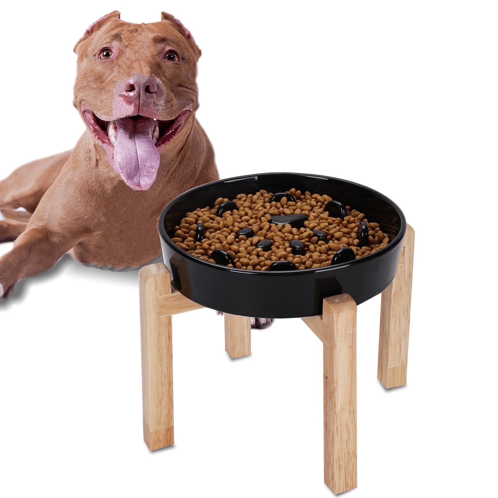 Ceramic Slow Feeder Dog Bowl with Wooden Stand - Fun & Interactive Mealtime Solution for Small & Medium Breeds (Black) | Reduce Bloat & Improve Digestion for Puppies & Adult Dogs | Perfect for Fast Eaters & Training