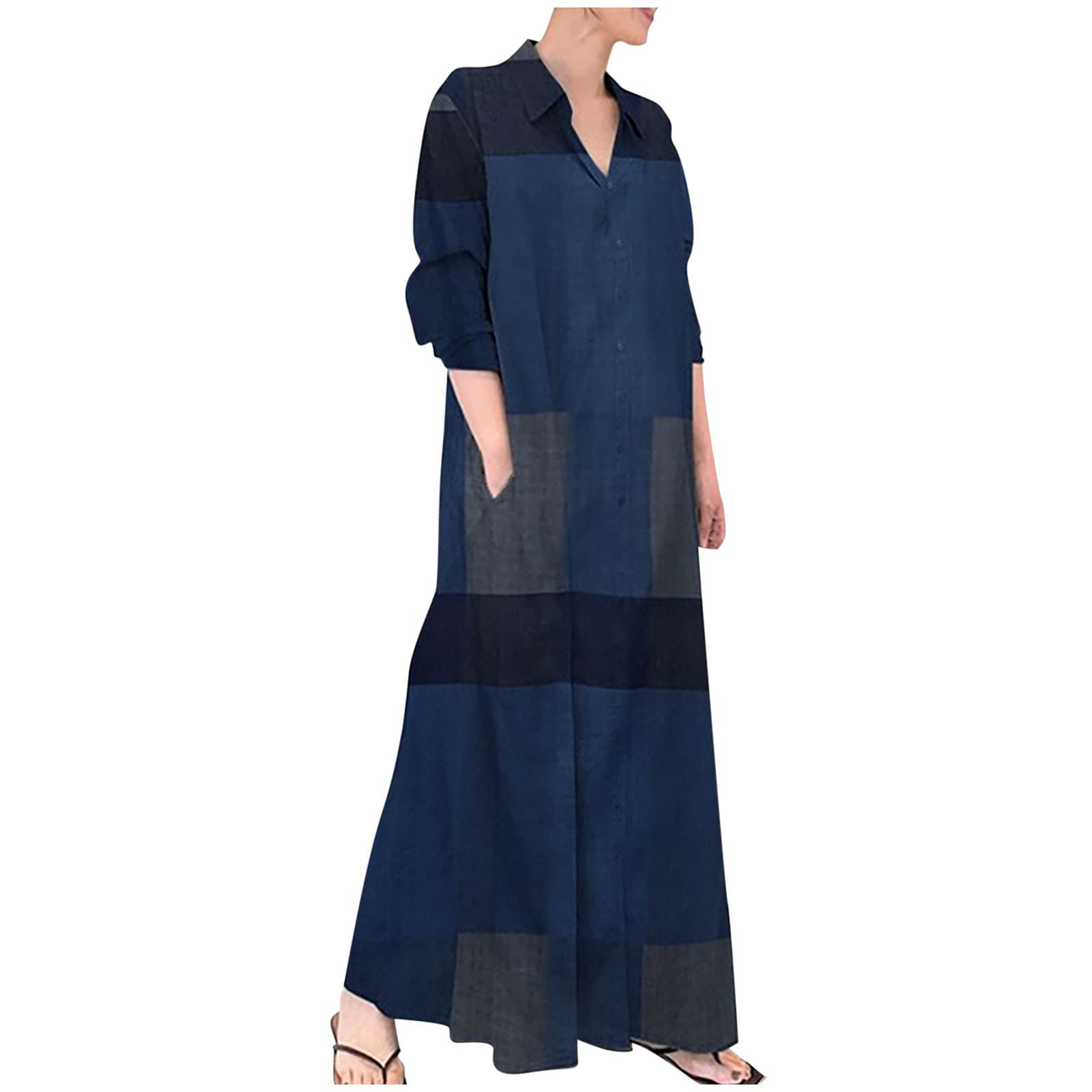 Floral Print Long Sleeve Cotton Linen Dress for Women - Loose Fit Plaid Shirt Style with Pockets | Casual Wear, Office Outfits & Spring Summer Fashion